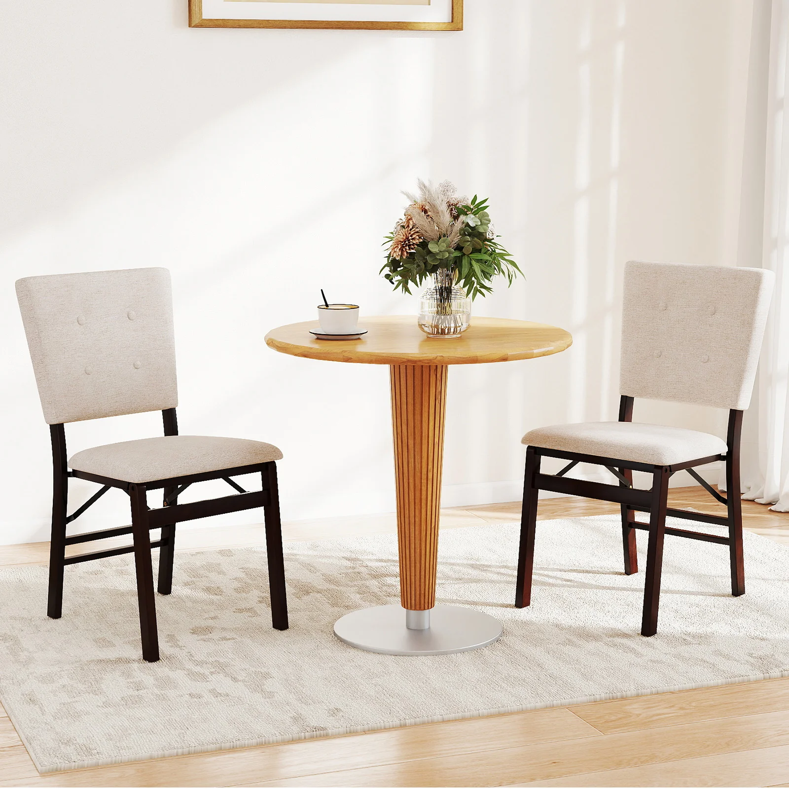Foldable Dining Chair Set, 2 Armless Kitchen Chairs, Padded Seat, Beige - Image 2
