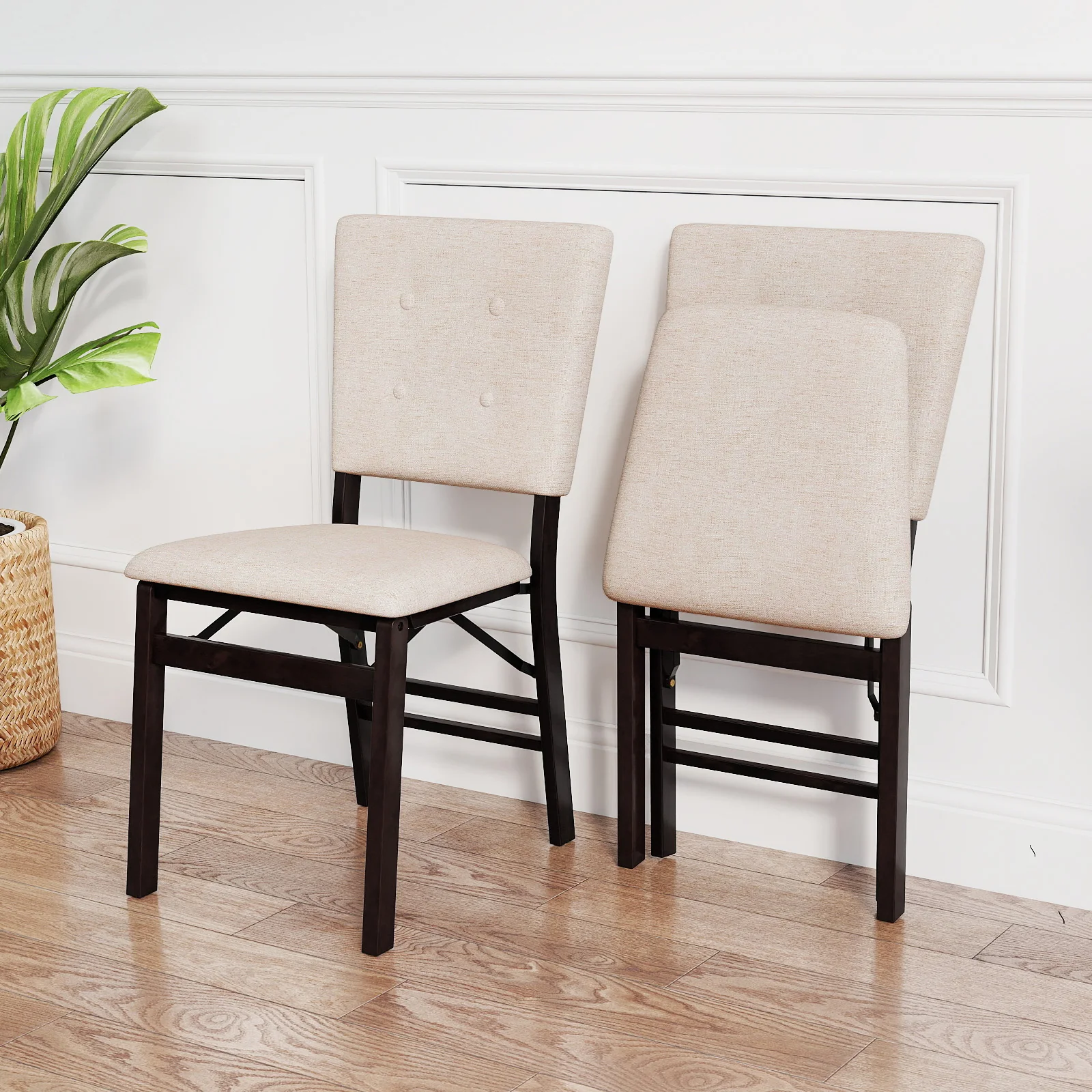 Foldable Dining Chair Set, 2 Armless Kitchen Chairs, Padded Seat, Beige - Image 3