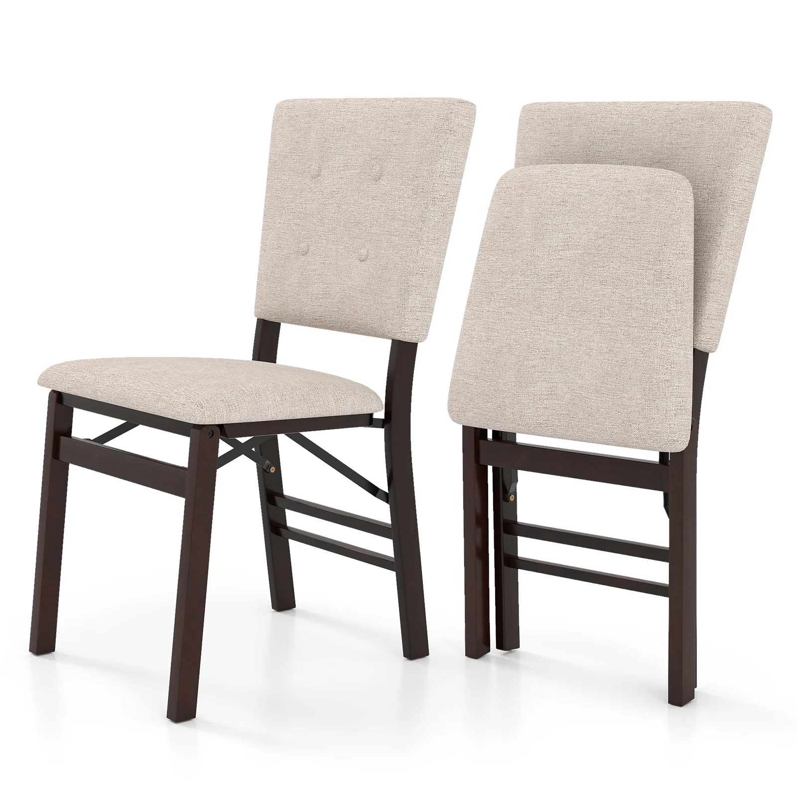 Foldable Dining Chair Set, 2 Armless Kitchen Chairs, Padded Seat, Beige - Image 4