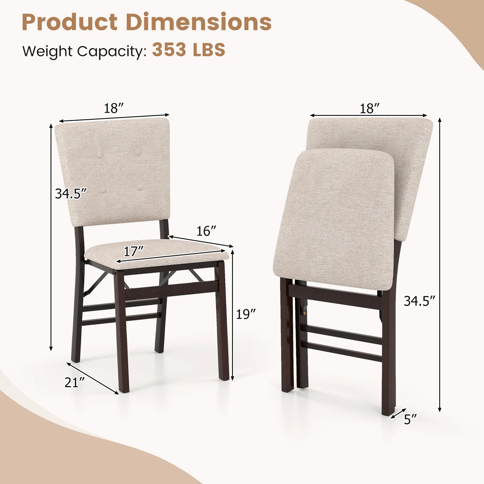 Foldable Dining Chair Set, 2 Armless Kitchen Chairs, Padded Seat, Beige - Image 6