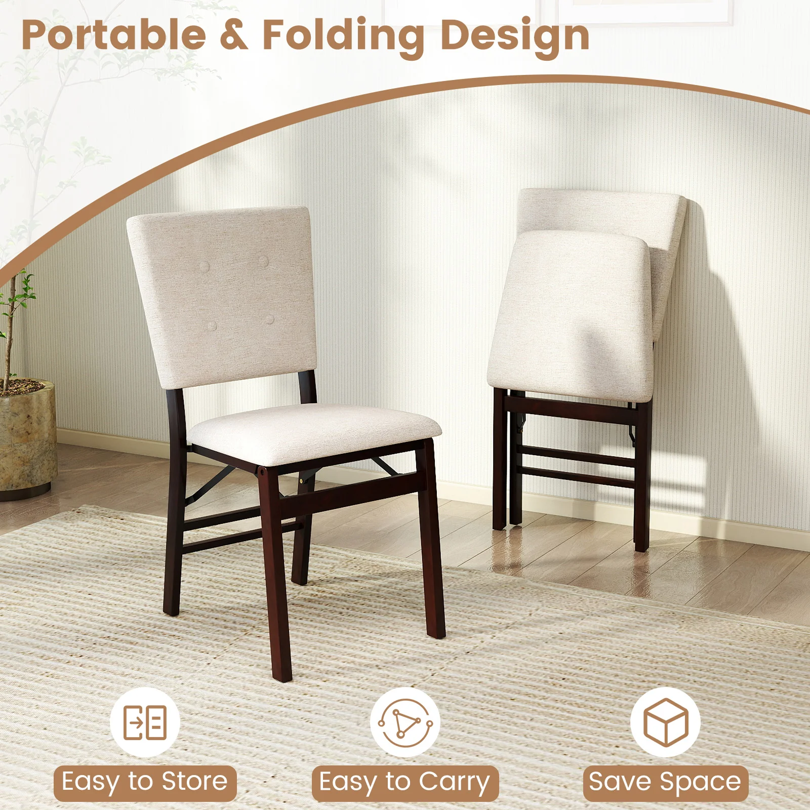 Foldable Dining Chair Set, 2 Armless Kitchen Chairs, Padded Seat, Beige - Image 7