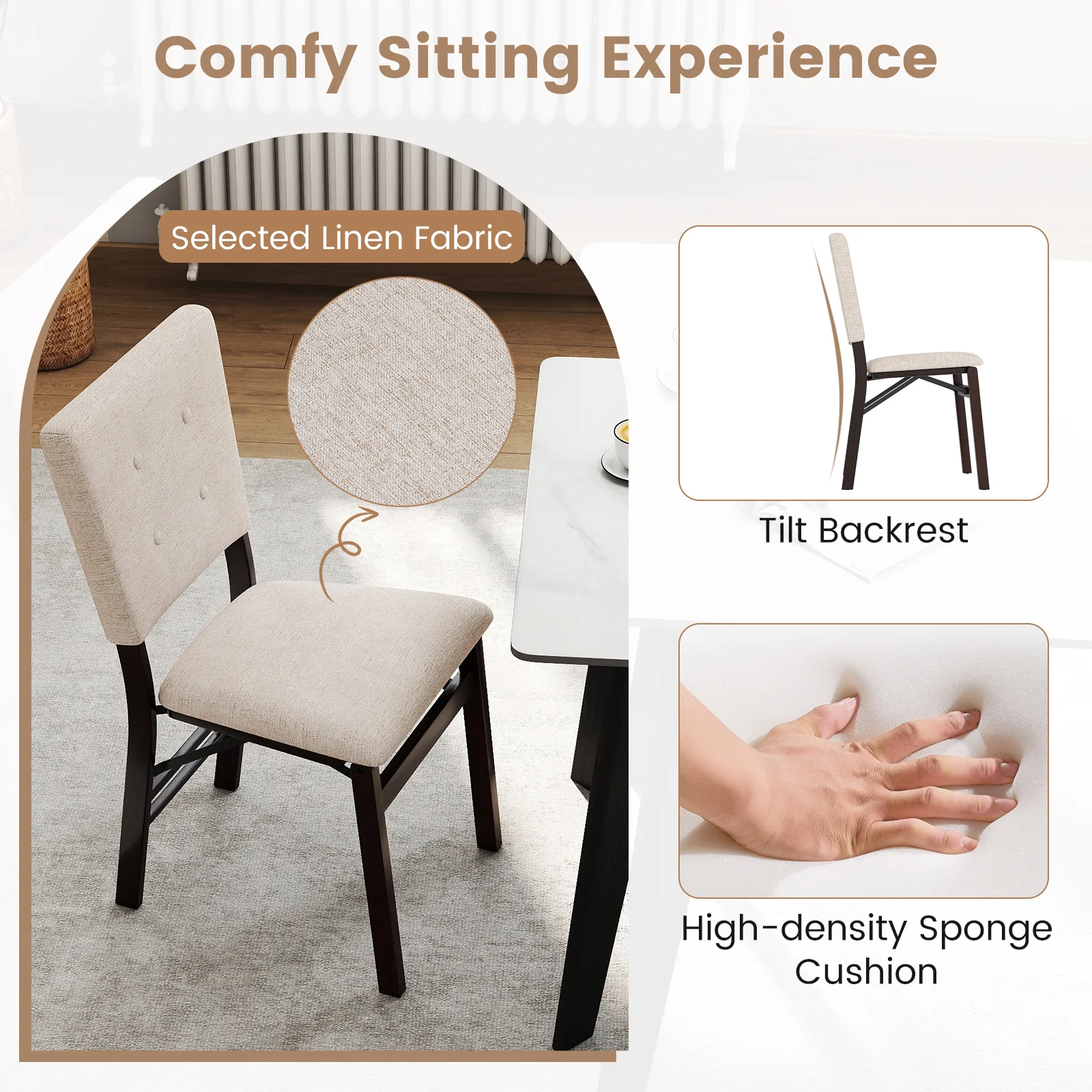 Foldable Dining Chair Set, 2 Armless Kitchen Chairs, Padded Seat, Beige - Image 8