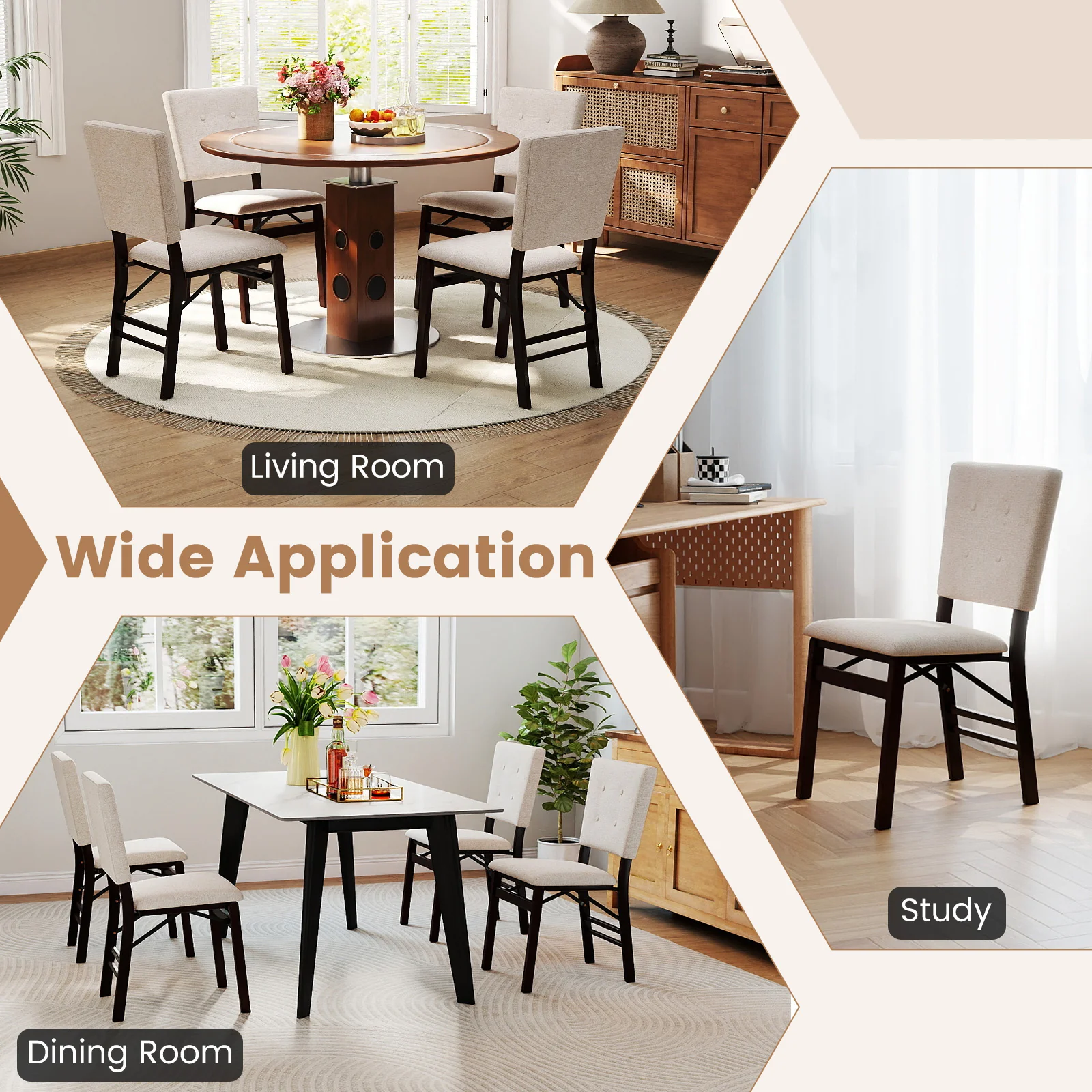 Foldable Dining Chair Set, 2 Armless Kitchen Chairs, Padded Seat, Beige - Image 9