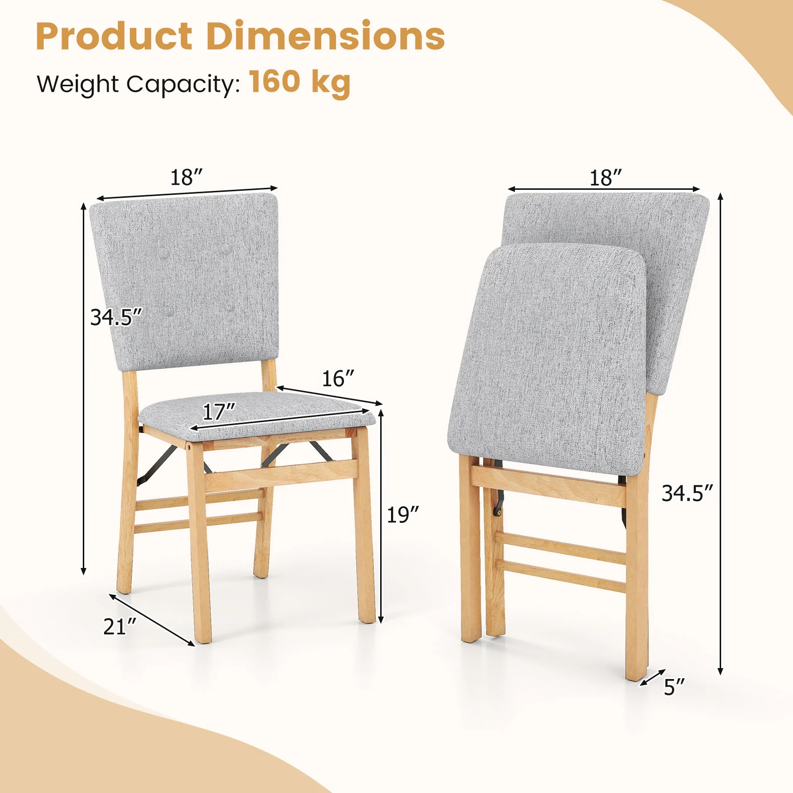 Foldable Dining Chair Set Of 2, Padded Seat, Tilt Backrest, Gray - Image 6