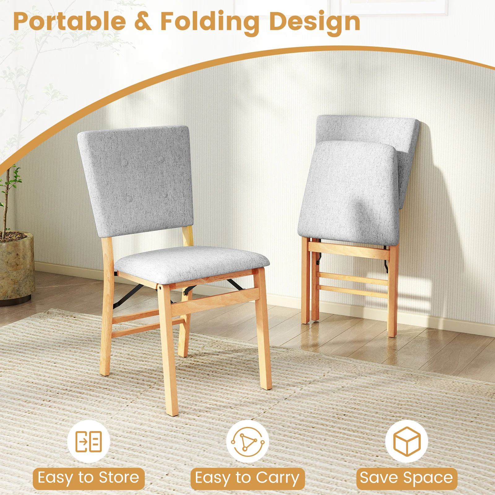 Foldable Dining Chair Set Of 2, Padded Seat, Tilt Backrest, Gray - Image 7