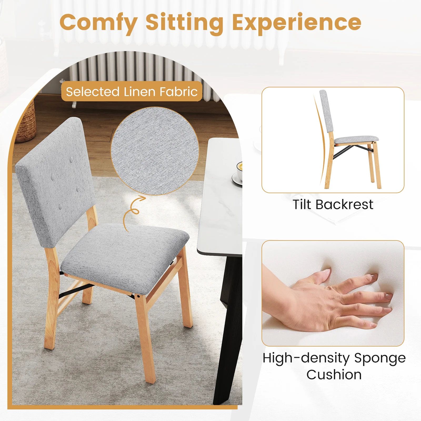 Foldable Dining Chair Set Of 2, Padded Seat, Tilt Backrest, Gray - Image 8