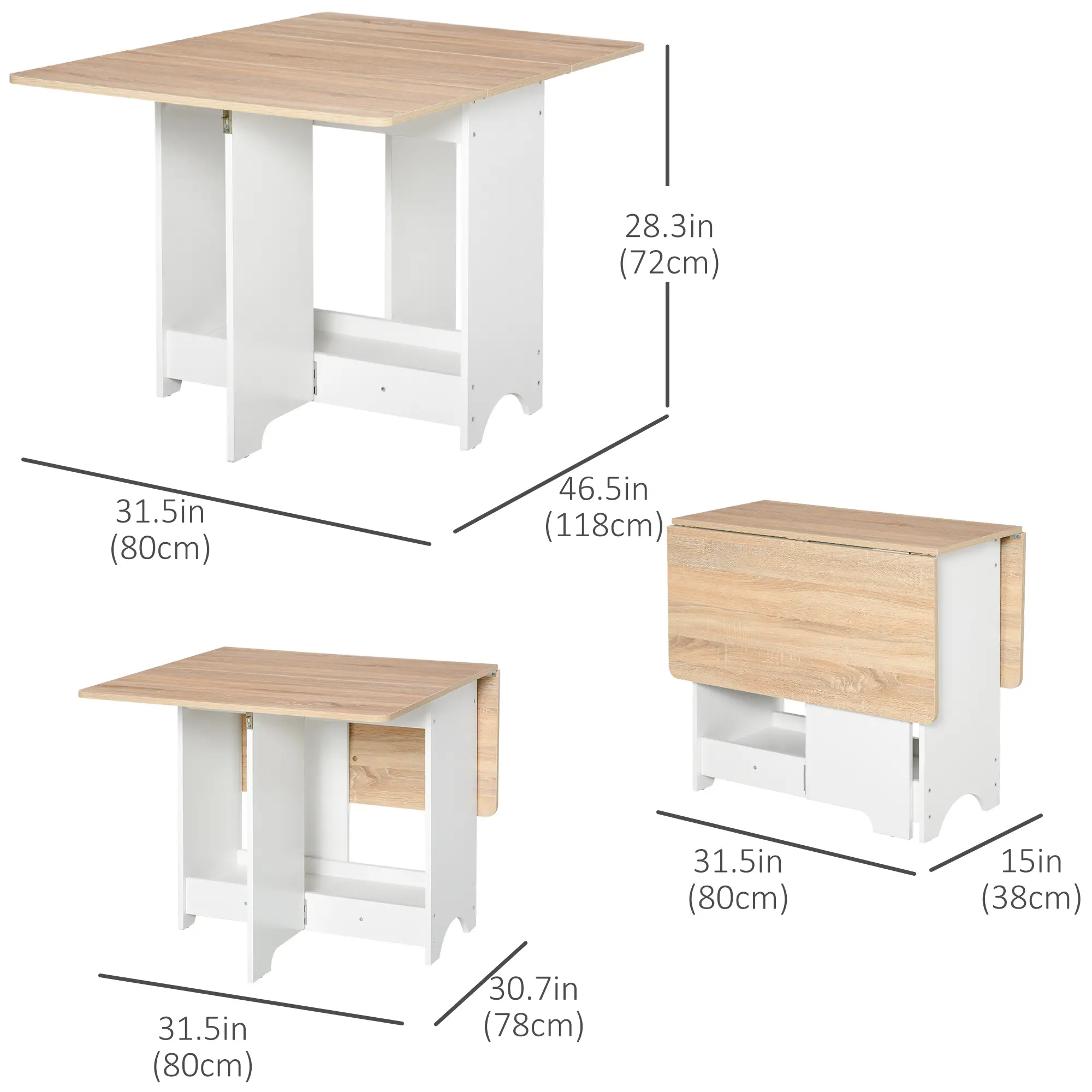 Foldable Dining Table, Drop-Leaf Kitchen Table with Storage Shelf, Oak - Image 3