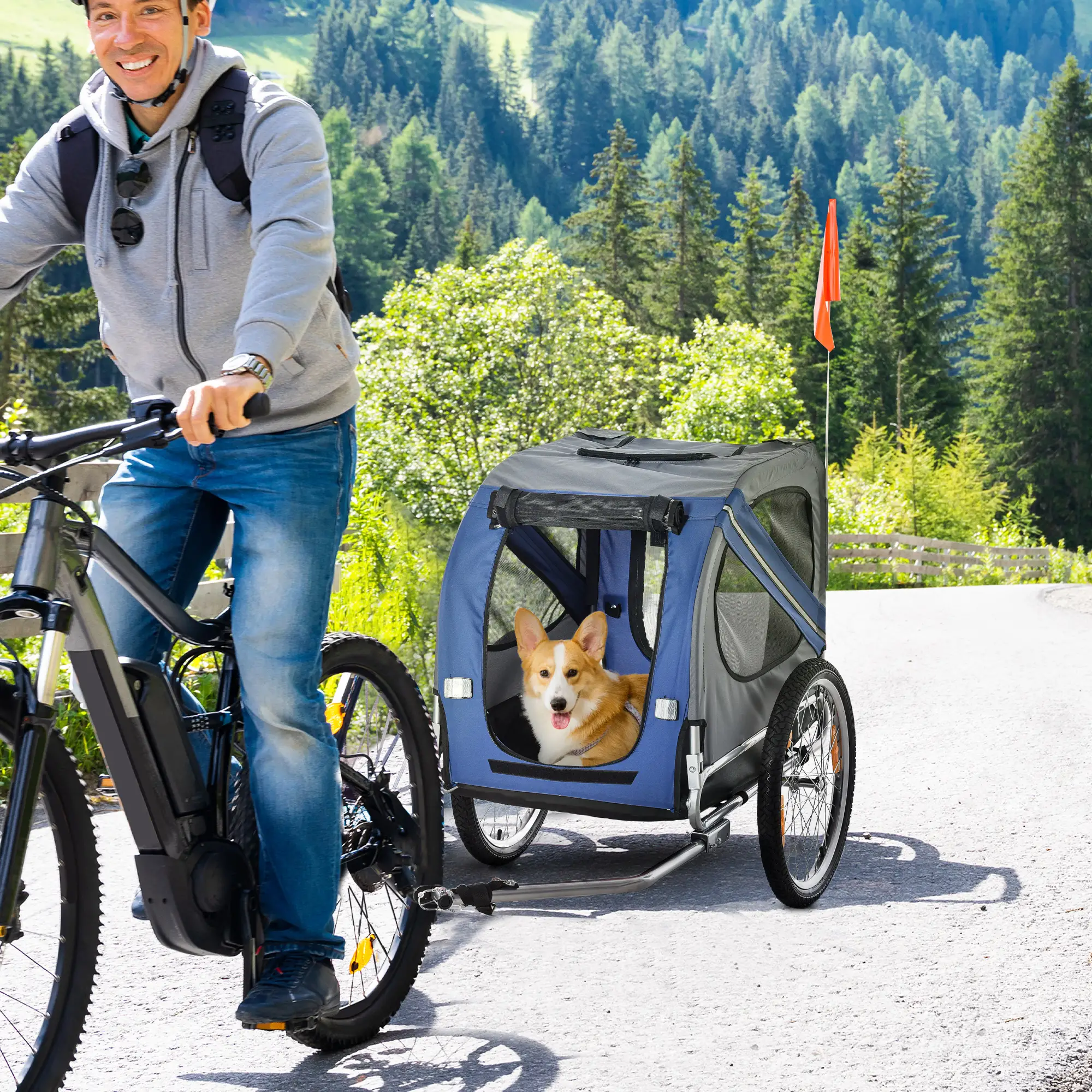 Foldable Dog Bike Trailer, Pet Cargo Carrier, Blue and Grey - Image 2