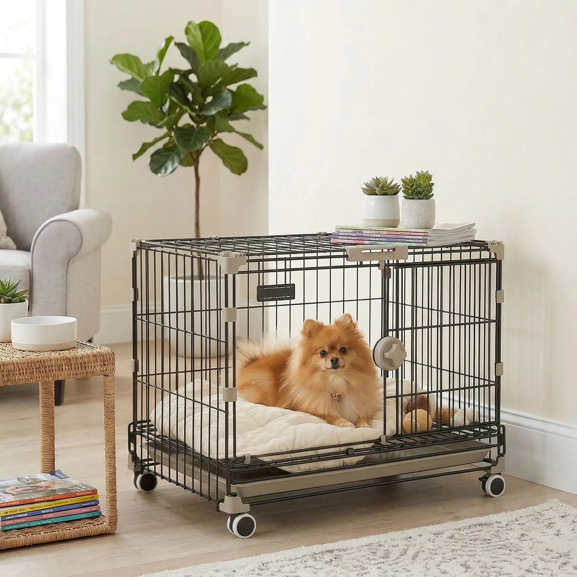 Foldable Dog Crate, 24 Inch Metal Cage, Removable Tray, Lockable Wheels, Black - Image 2