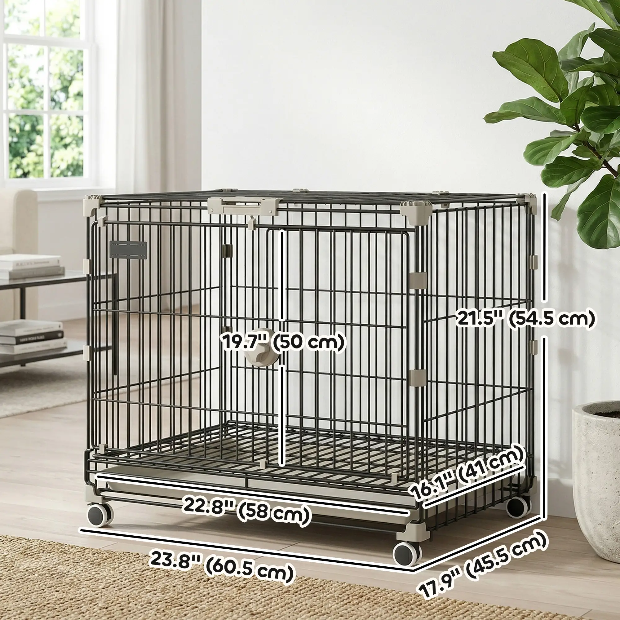 Foldable Dog Crate, 24 Inch Metal Cage, Removable Tray, Lockable Wheels, Black - Image 3