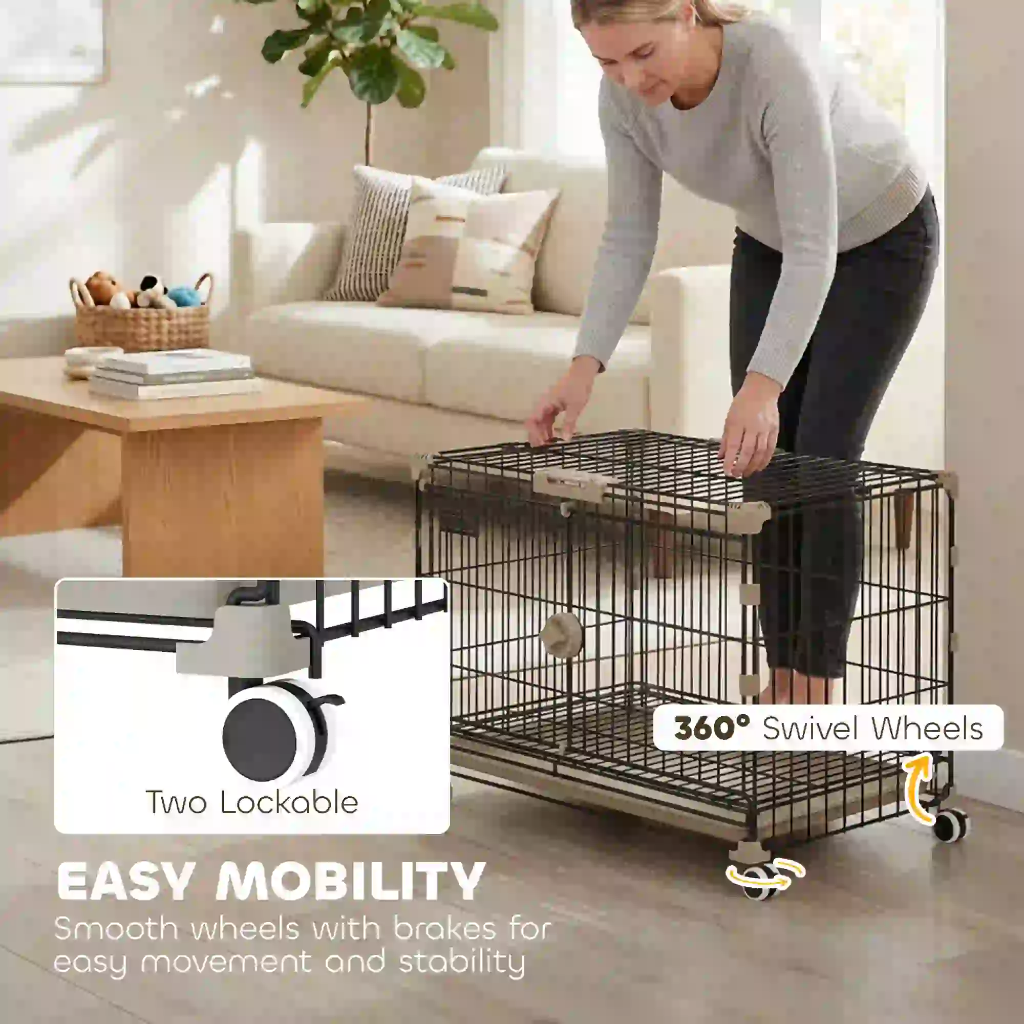 Foldable Dog Crate, 24 Inch Metal Cage, Removable Tray, Lockable Wheels, Black - Image 4