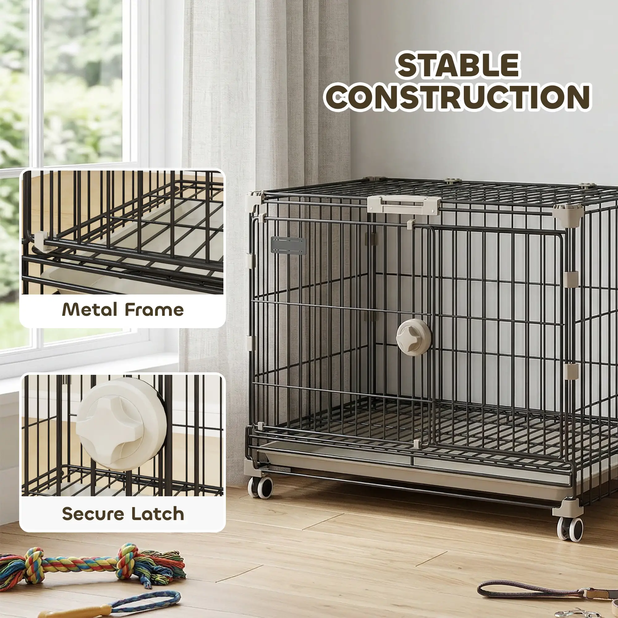 Foldable Dog Crate, 24 Inch Metal Cage, Removable Tray, Lockable Wheels, Black - Image 5