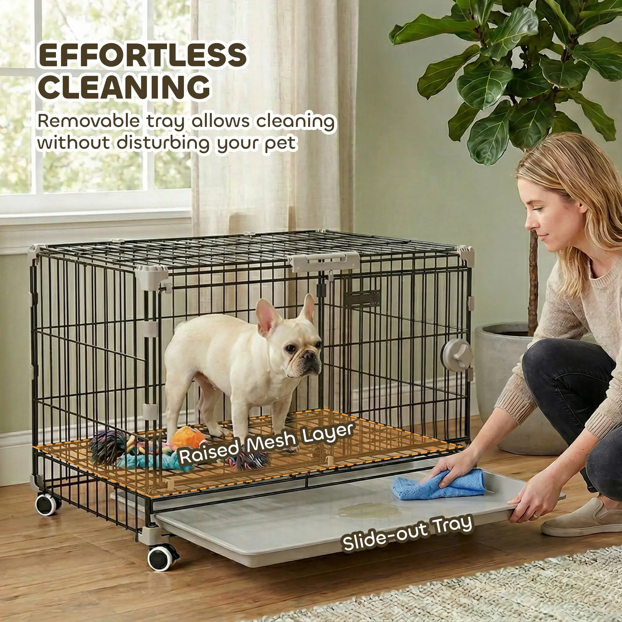 Foldable Dog Crate, 24 Inch Metal Cage, Removable Tray, Lockable Wheels, Black - Image 7