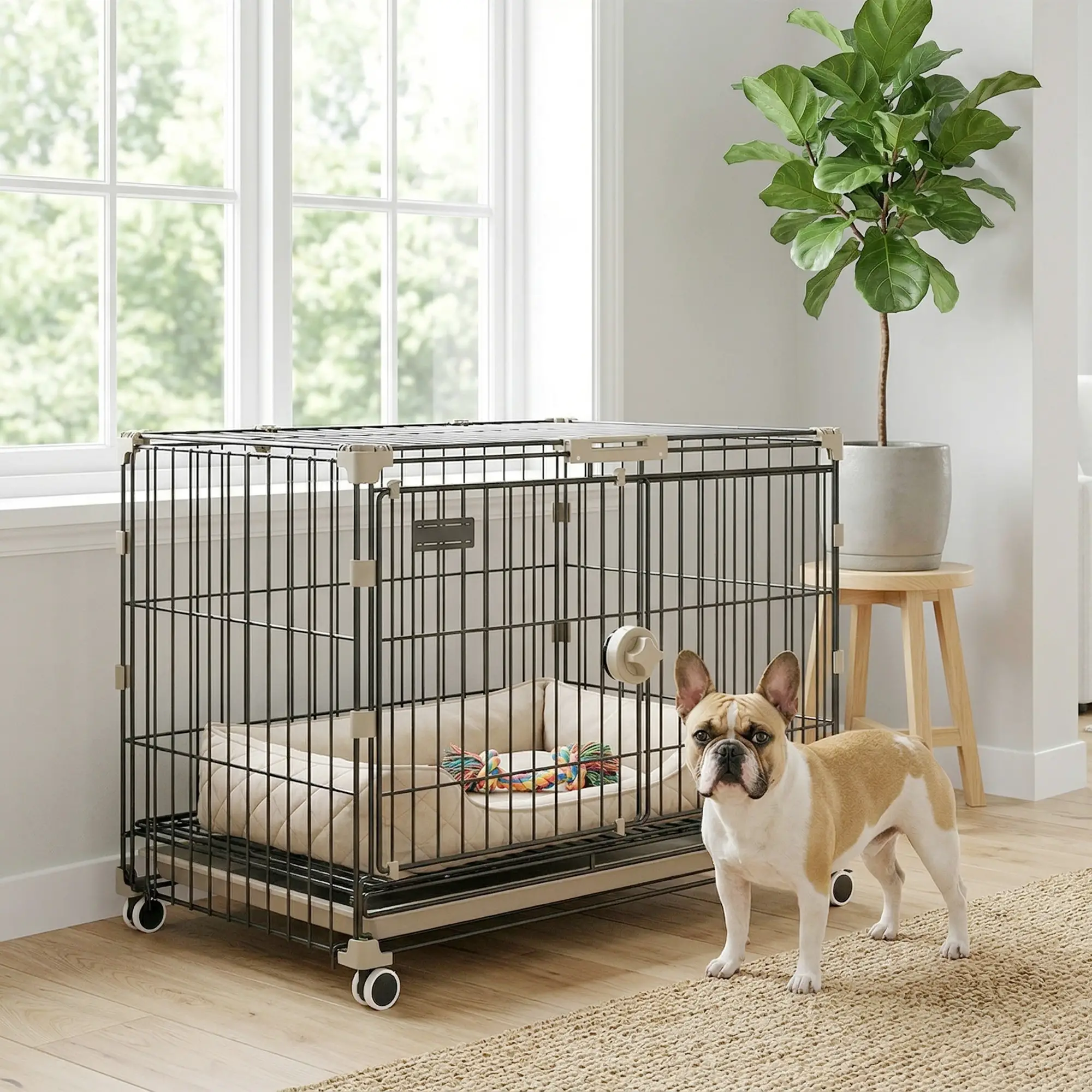 Foldable Dog Crate, 24 Inch Metal Cage, Removable Tray, Lockable Wheels, Black - Image 9