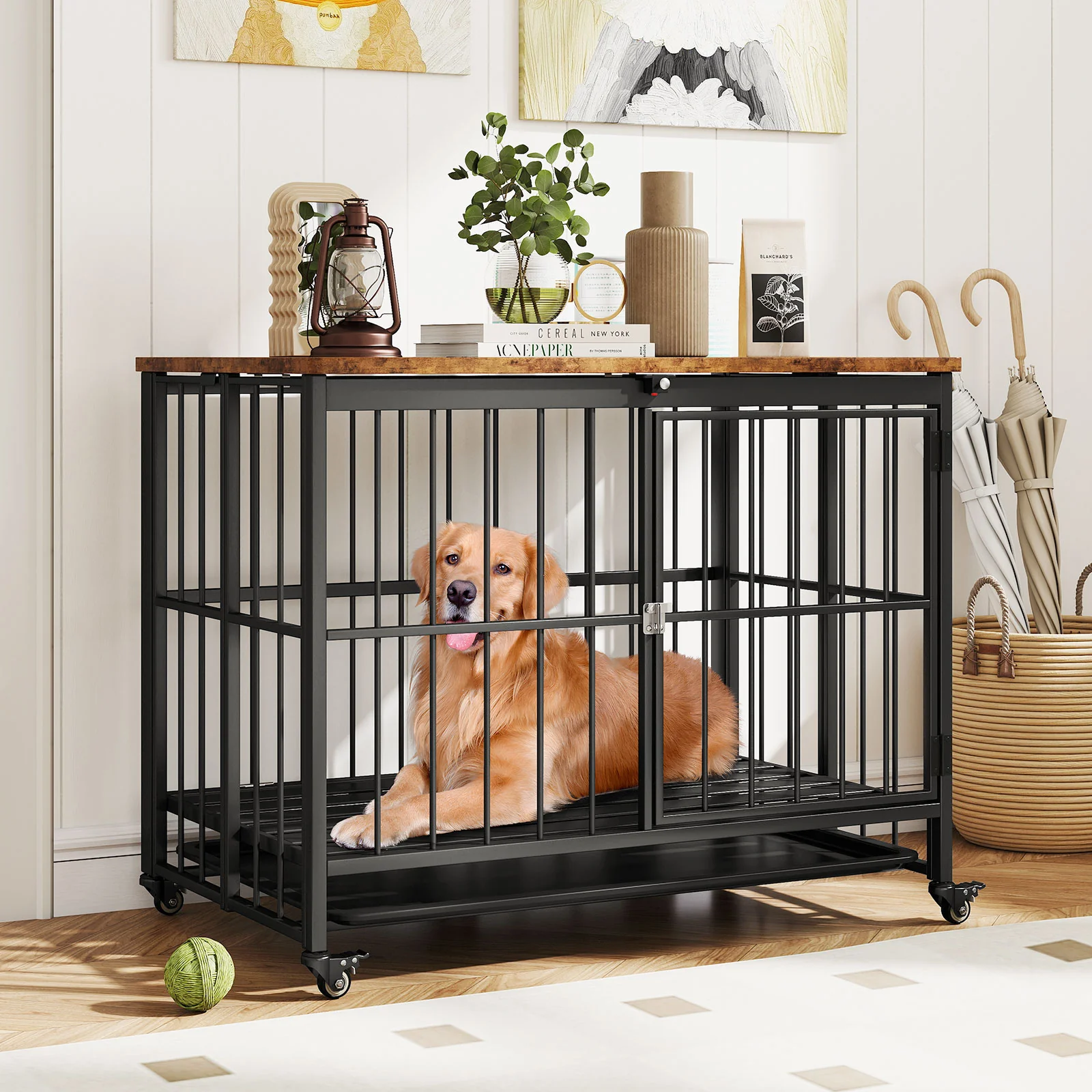 Foldable Dog Crate Furniture, L, Black - Image 2