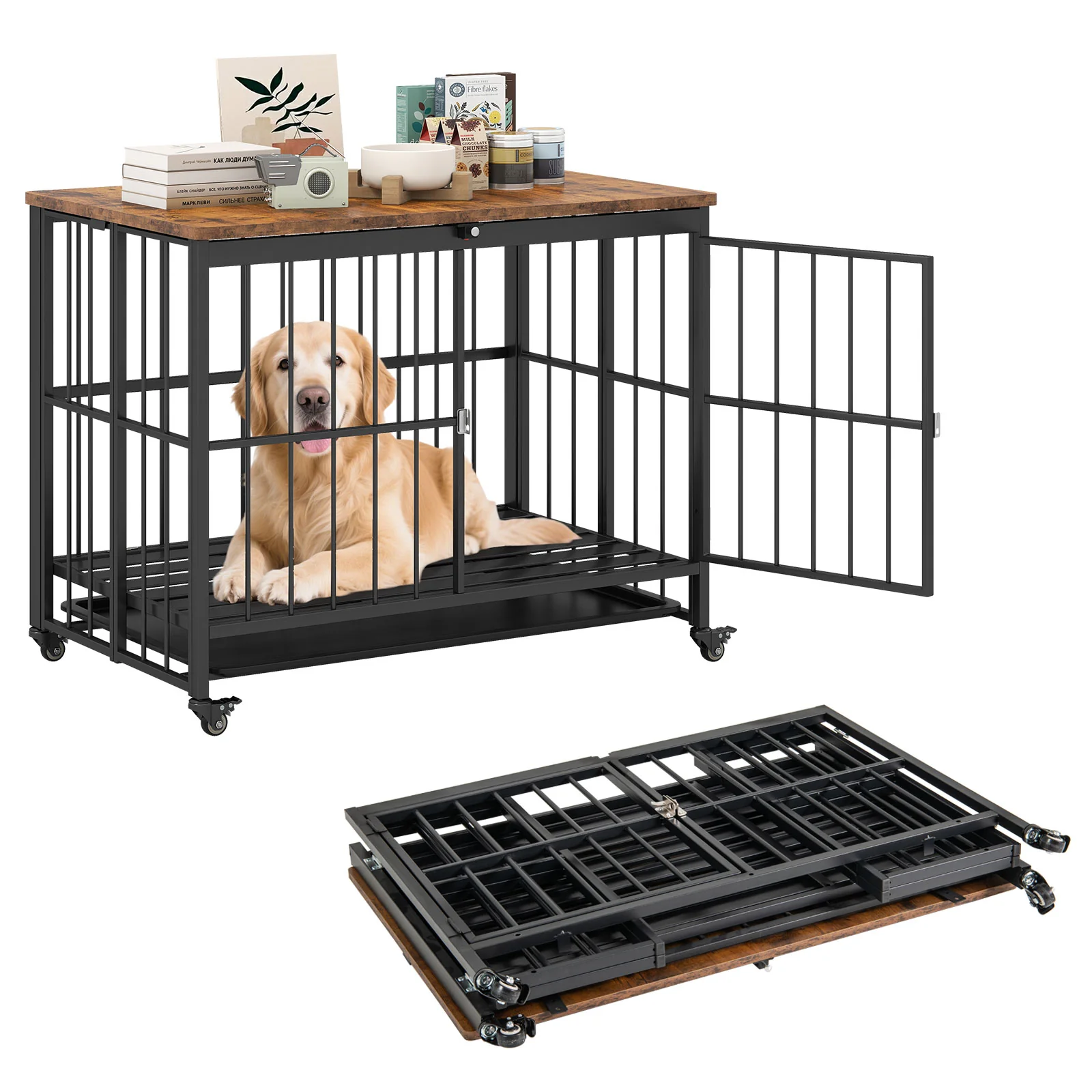 Foldable Dog Crate Furniture, L, Black - Image 4