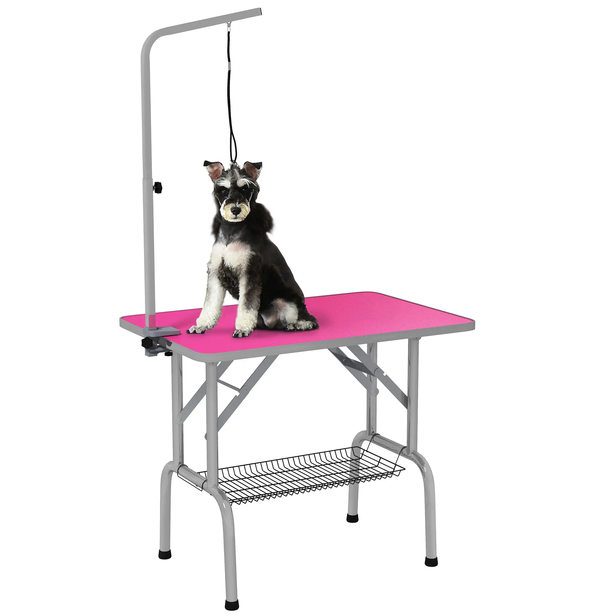 Foldable Dog Grooming Table, Height Adjustable Arm, Storage Shelf, Pink