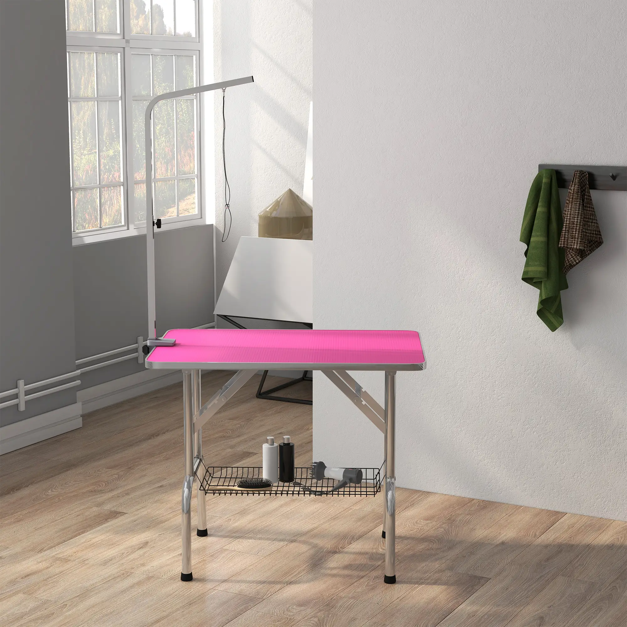 Foldable Dog Grooming Table, Height Adjustable Arm, Storage Shelf, Pink - Image 10