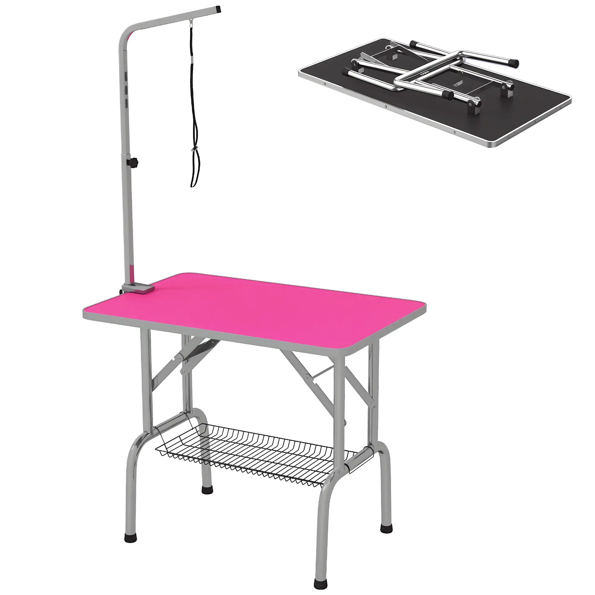 Foldable Dog Grooming Table, Height Adjustable Arm, Storage Shelf, Pink - Image 11