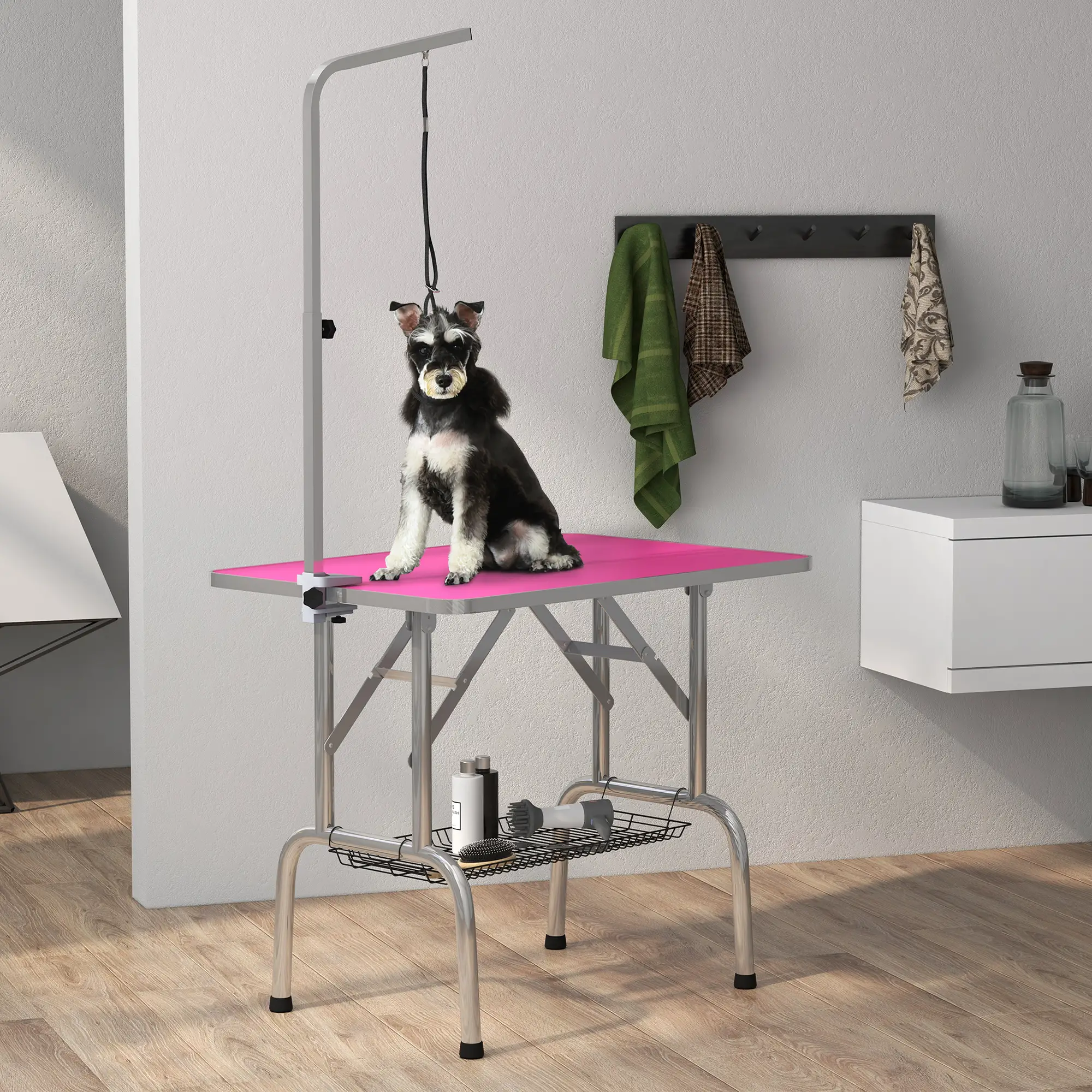 Foldable Dog Grooming Table, Height Adjustable Arm, Storage Shelf, Pink - Image 2