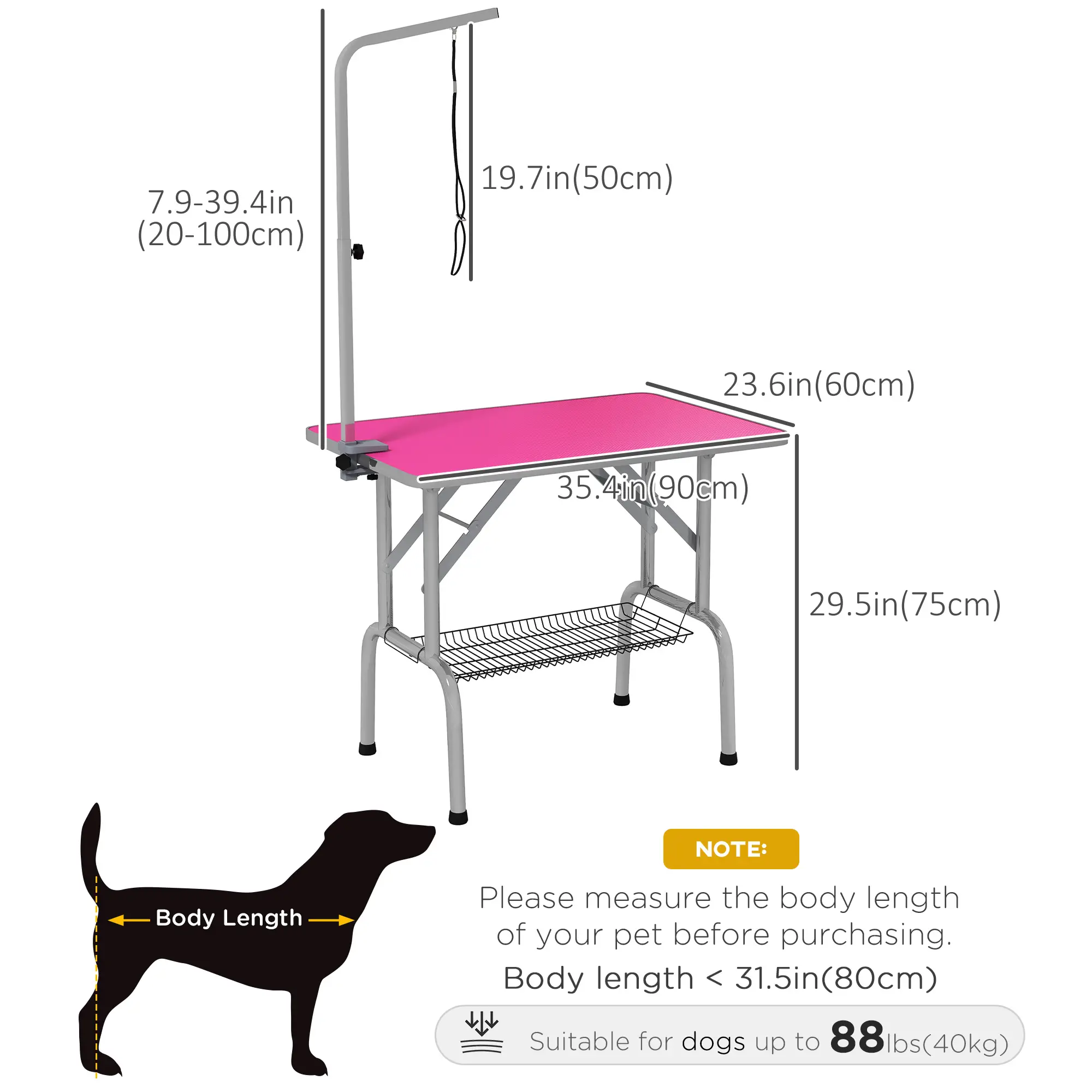 Foldable Dog Grooming Table, Height Adjustable Arm, Storage Shelf, Pink - Image 3