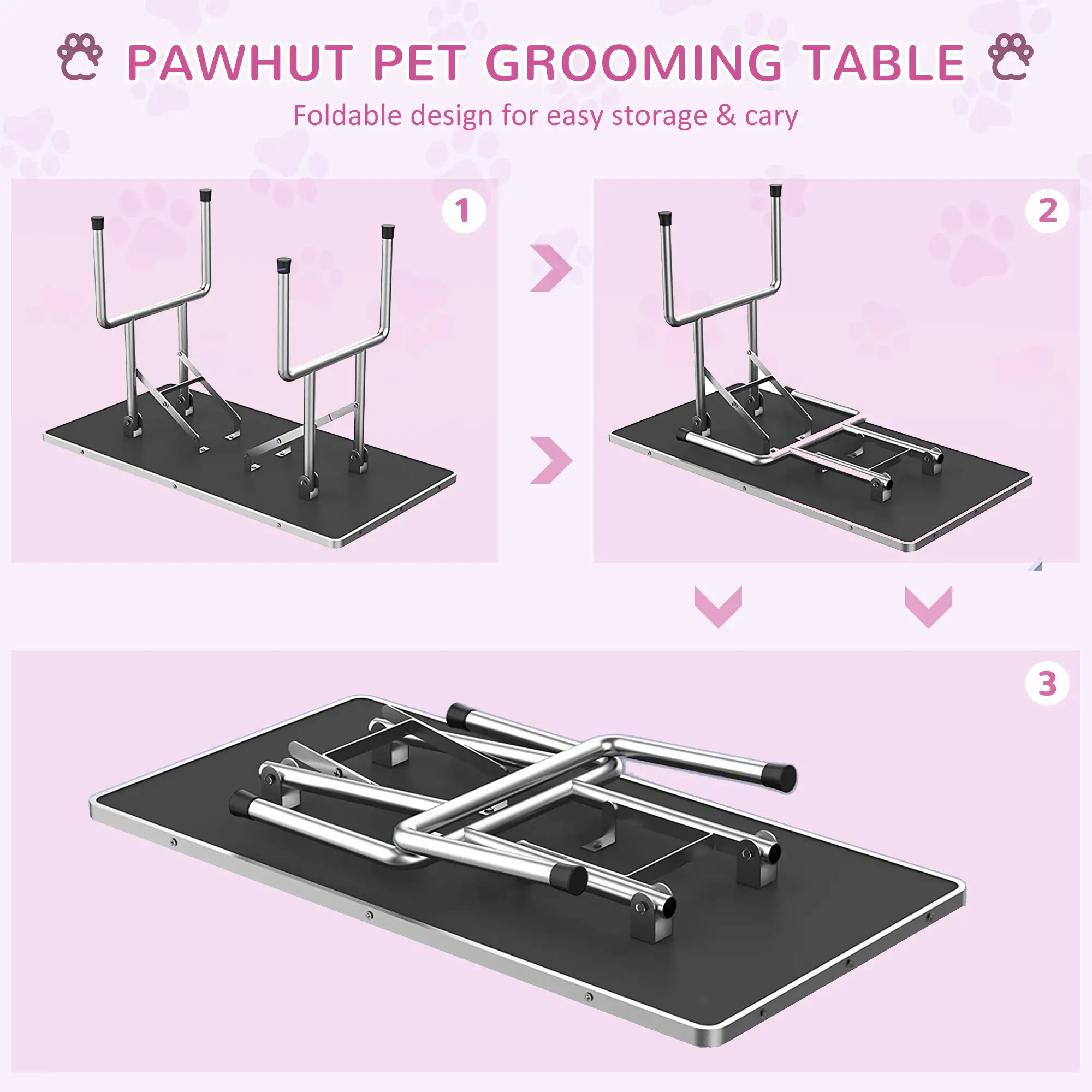 Foldable Dog Grooming Table, Height Adjustable Arm, Storage Shelf, Pink - Image 4