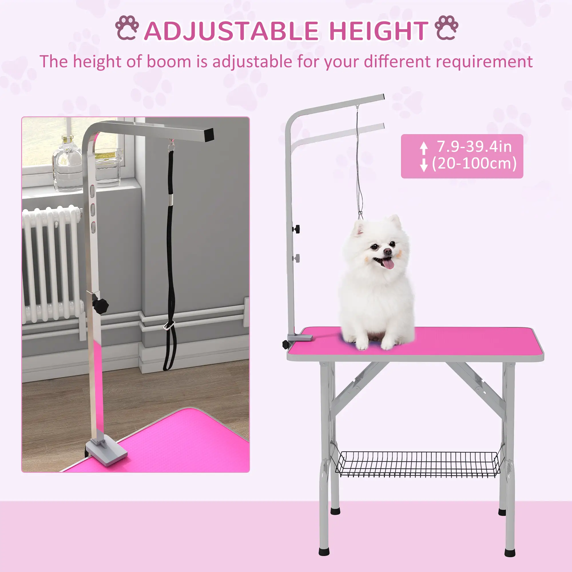 Foldable Dog Grooming Table, Height Adjustable Arm, Storage Shelf, Pink - Image 5