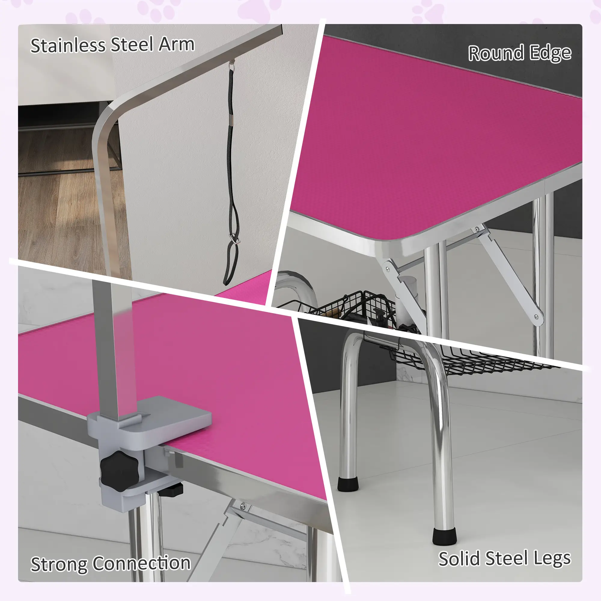Foldable Dog Grooming Table, Height Adjustable Arm, Storage Shelf, Pink - Image 6