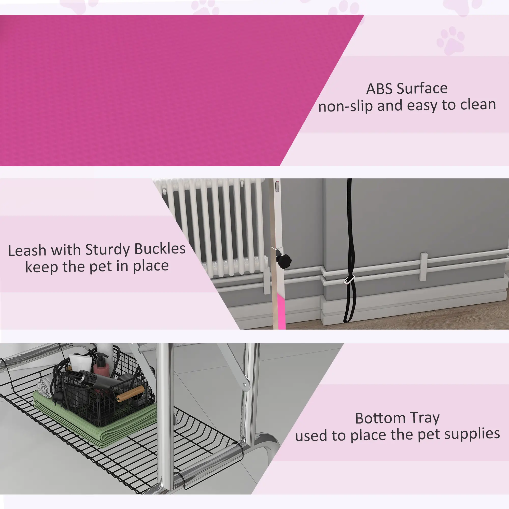 Foldable Dog Grooming Table, Height Adjustable Arm, Storage Shelf, Pink - Image 7