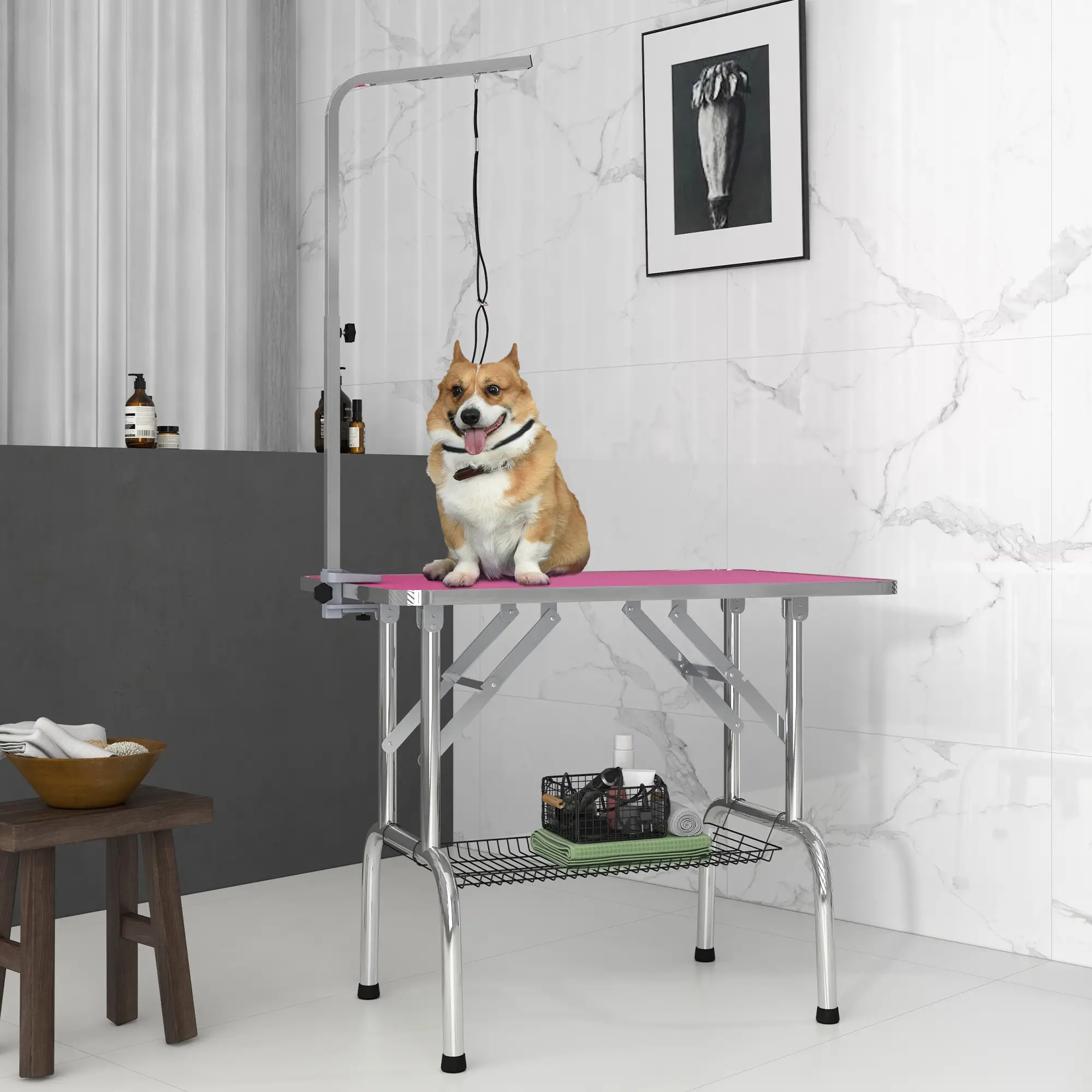 Foldable Dog Grooming Table, Height Adjustable Arm, Storage Shelf, Pink - Image 8