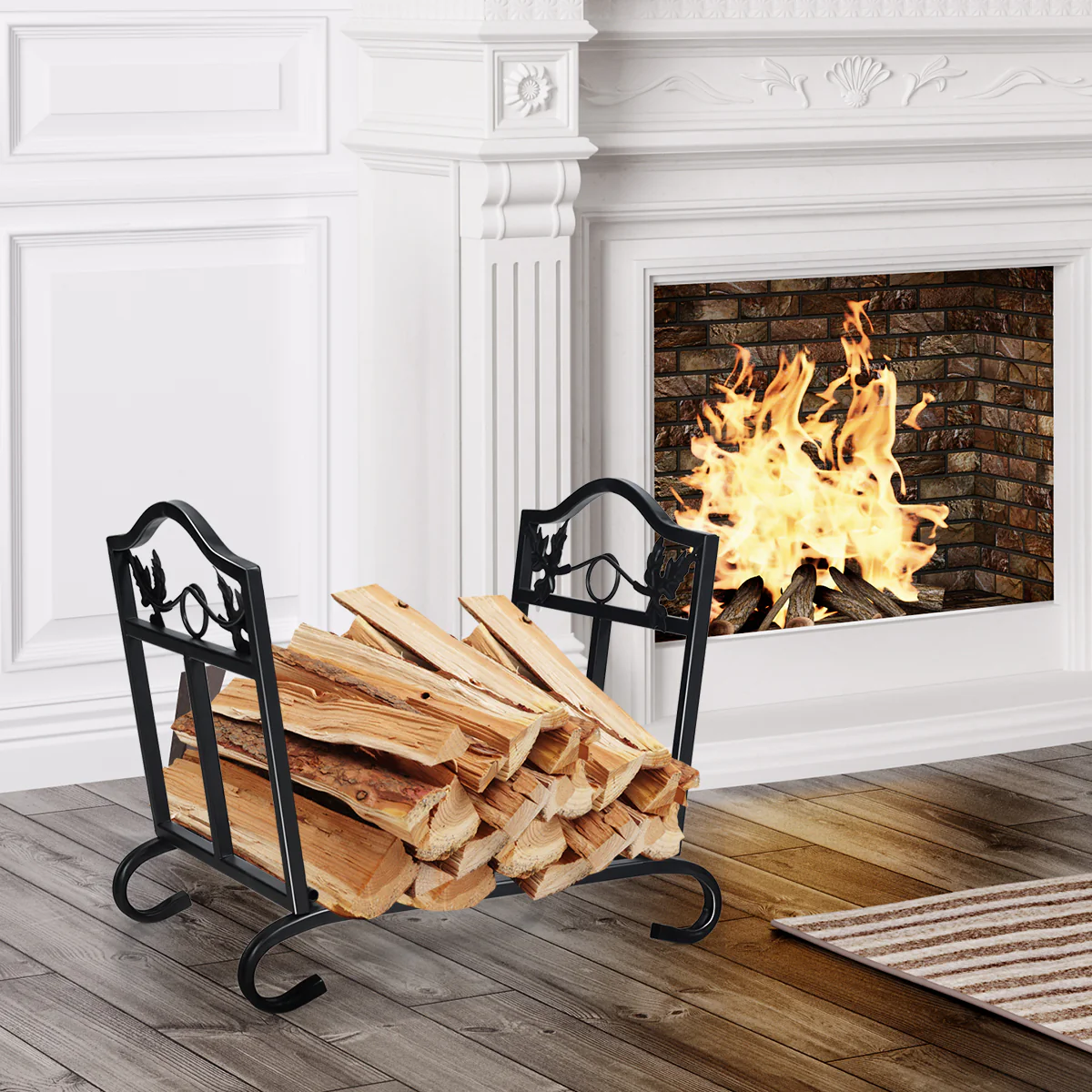 Foldable Firewood Log Rack Steel Wood Storage Holder, Black - Image 2