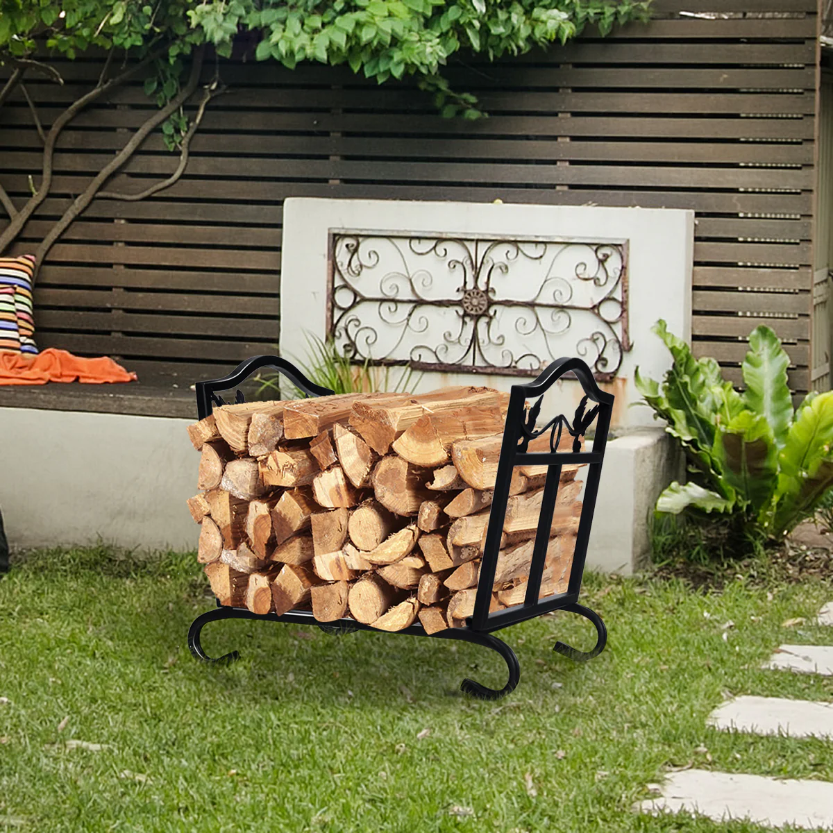 Foldable Firewood Log Rack Steel Wood Storage Holder, Black - Image 3
