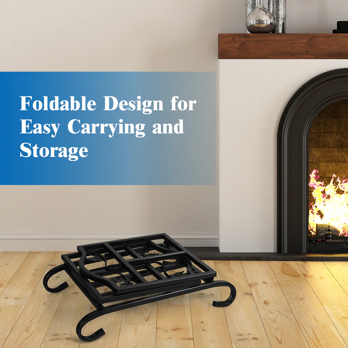 Foldable Firewood Log Rack Steel Wood Storage Holder, Black - Image 9