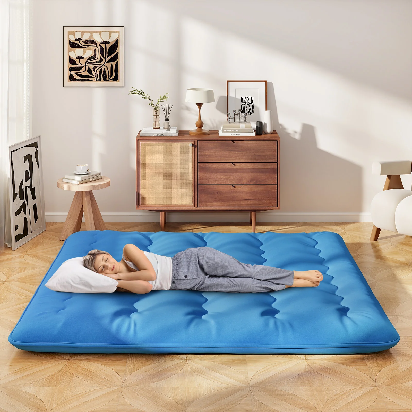 Foldable Futon Mattress, Washable Cover, Carry Bag, King Size, Blue - Image 3