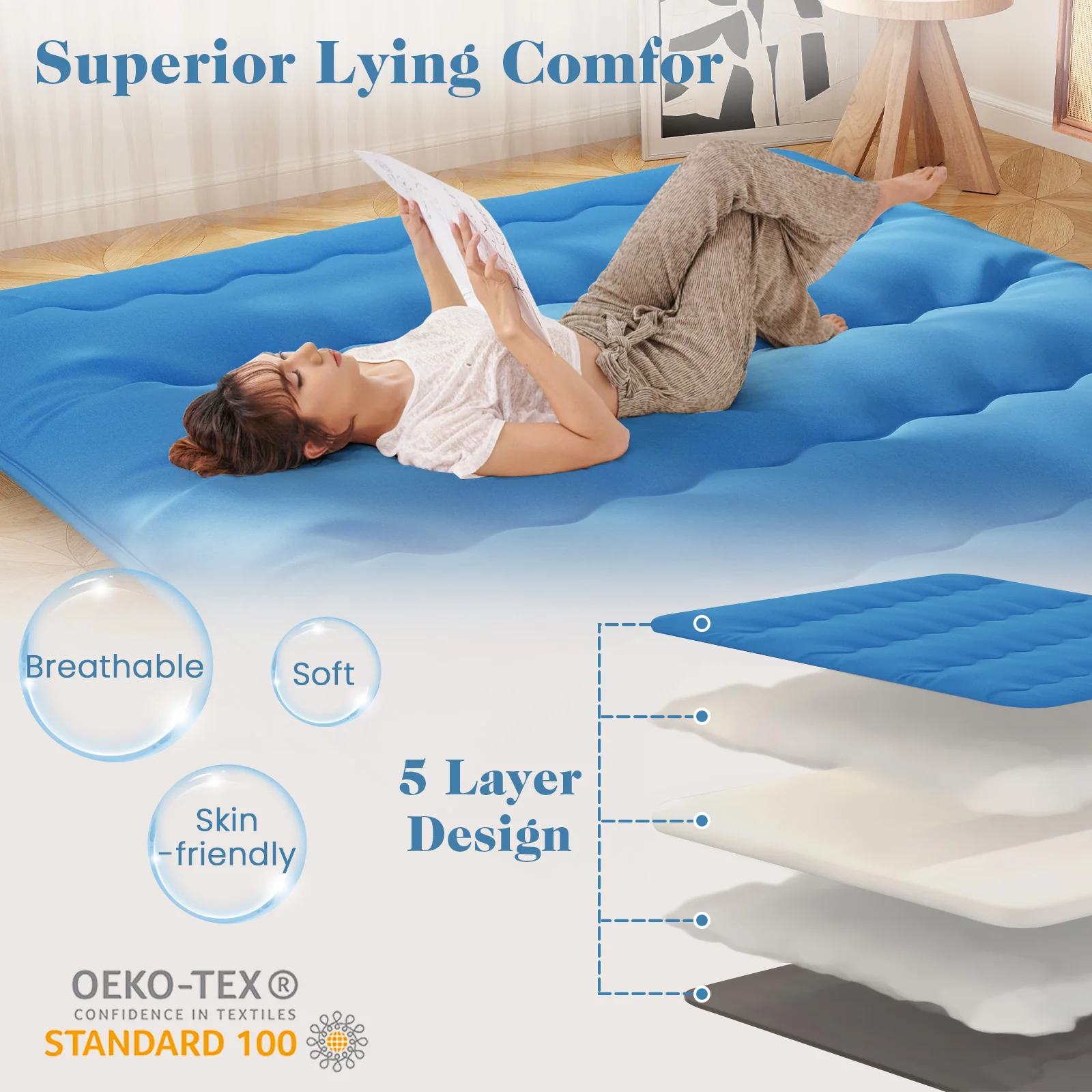 Foldable Futon Mattress, Washable Cover, Carry Bag, King Size, Blue - Image 8