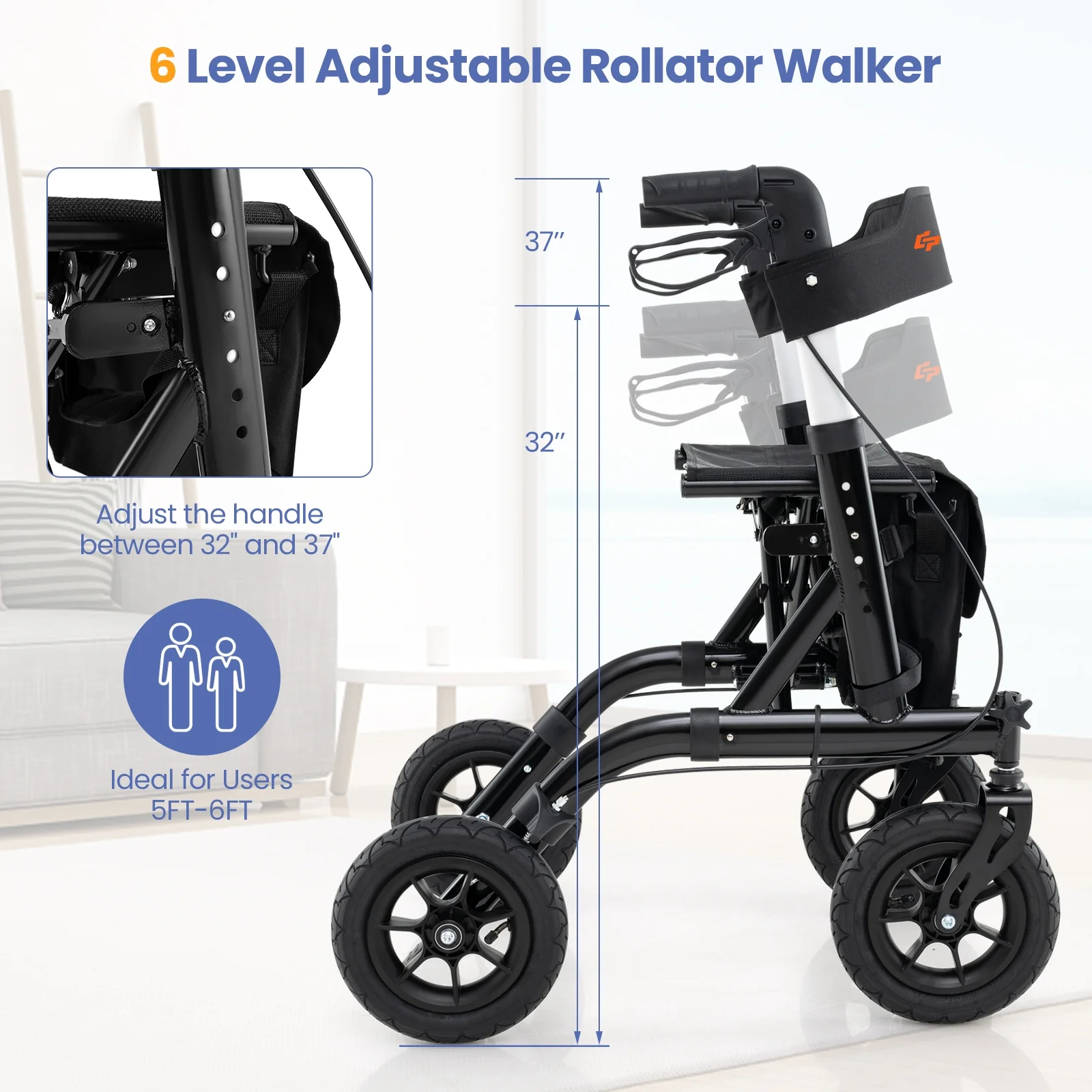 Foldable Height Adjustable Rollator Walker With Seat, Black - Image 10