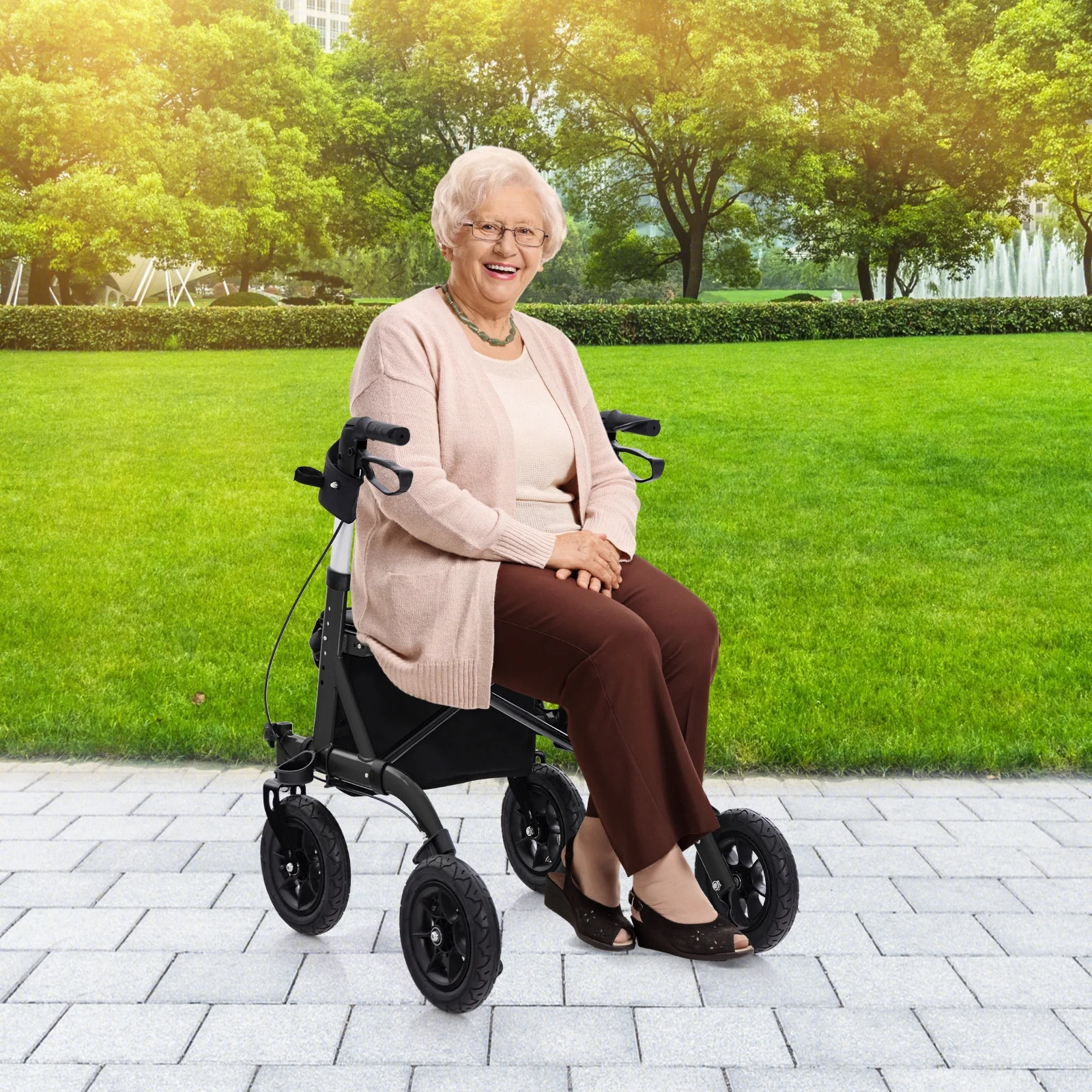 Foldable Height Adjustable Rollator Walker With Seat, Black - Image 3