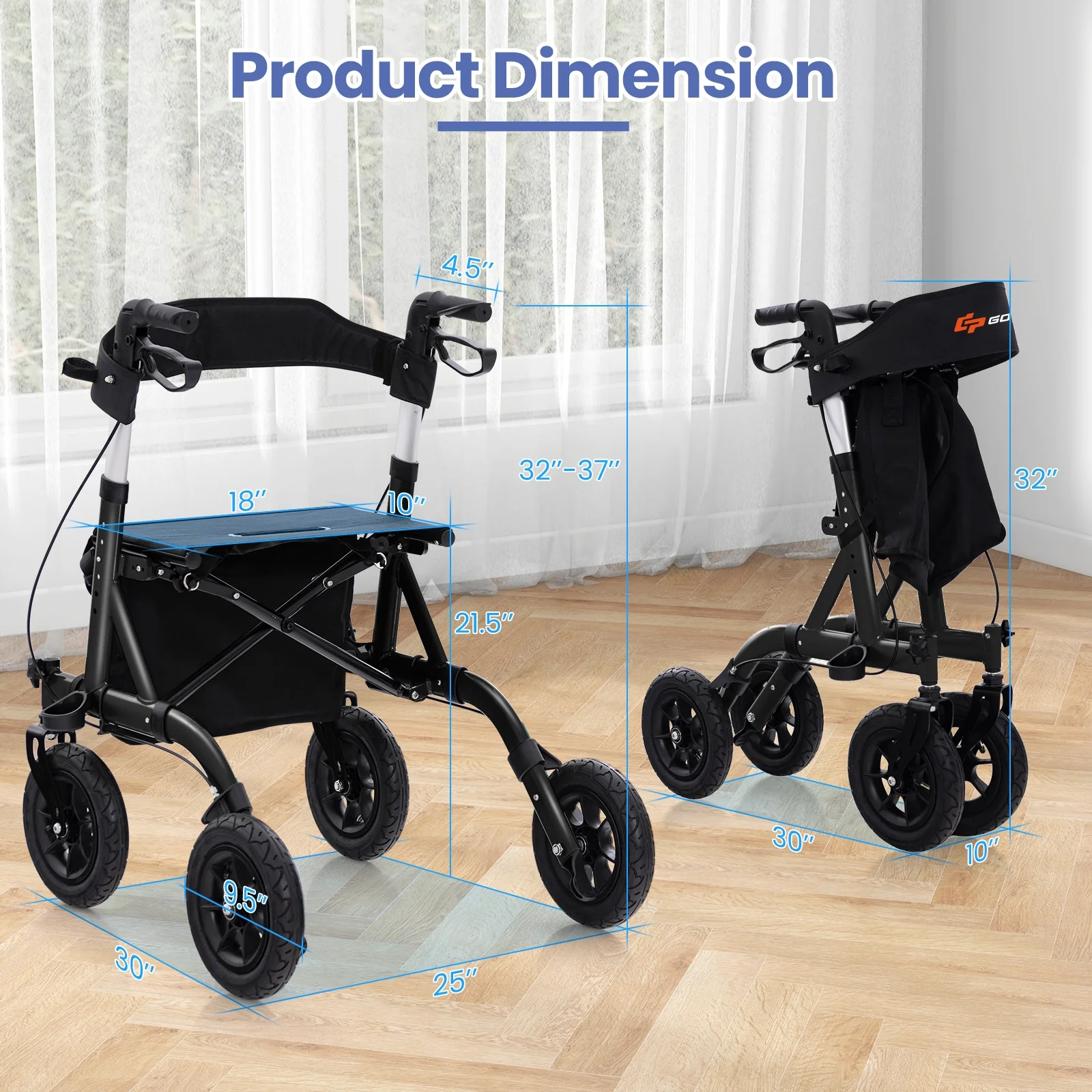 Foldable Height Adjustable Rollator Walker With Seat, Black - Image 6