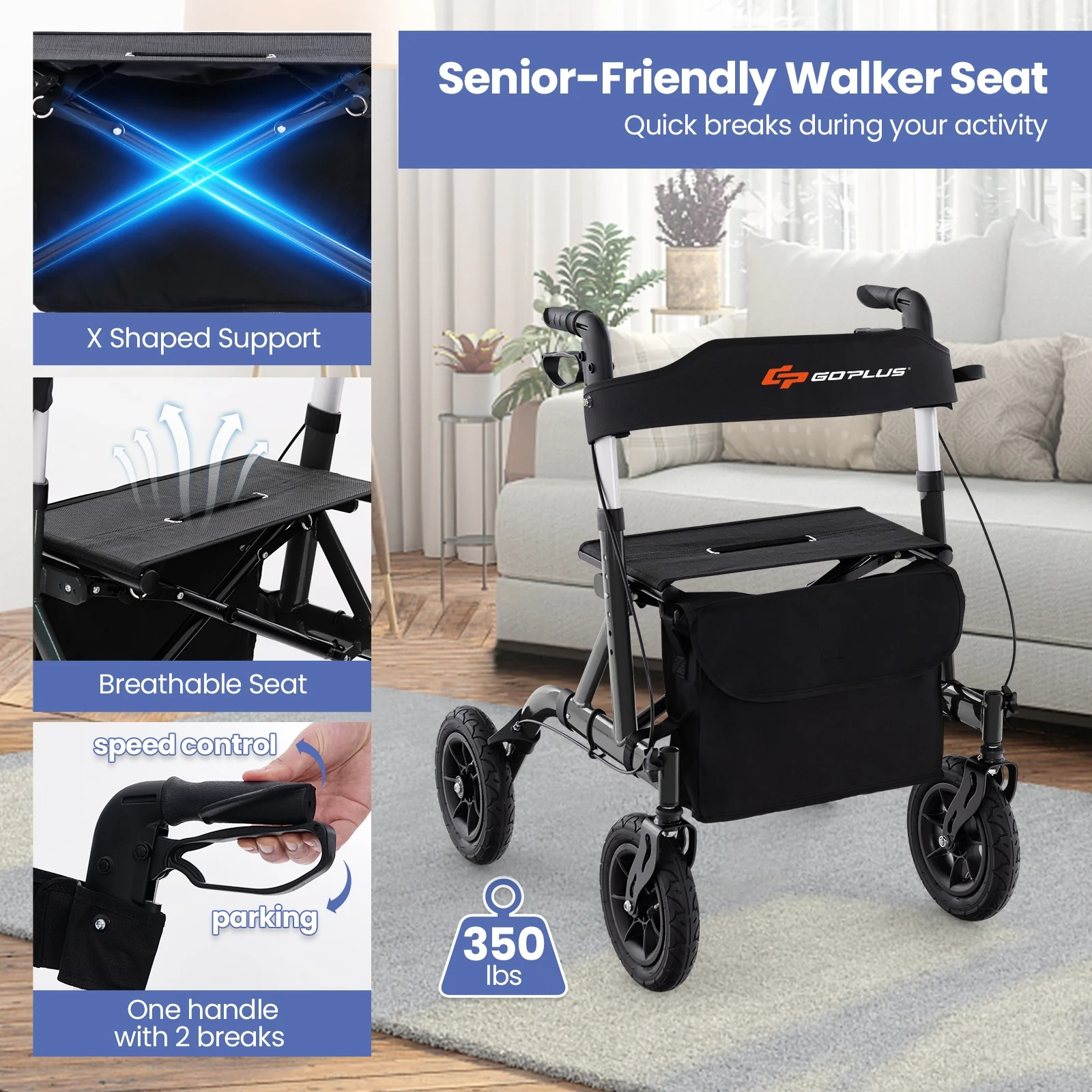 Foldable Height Adjustable Rollator Walker With Seat, Black - Image 9