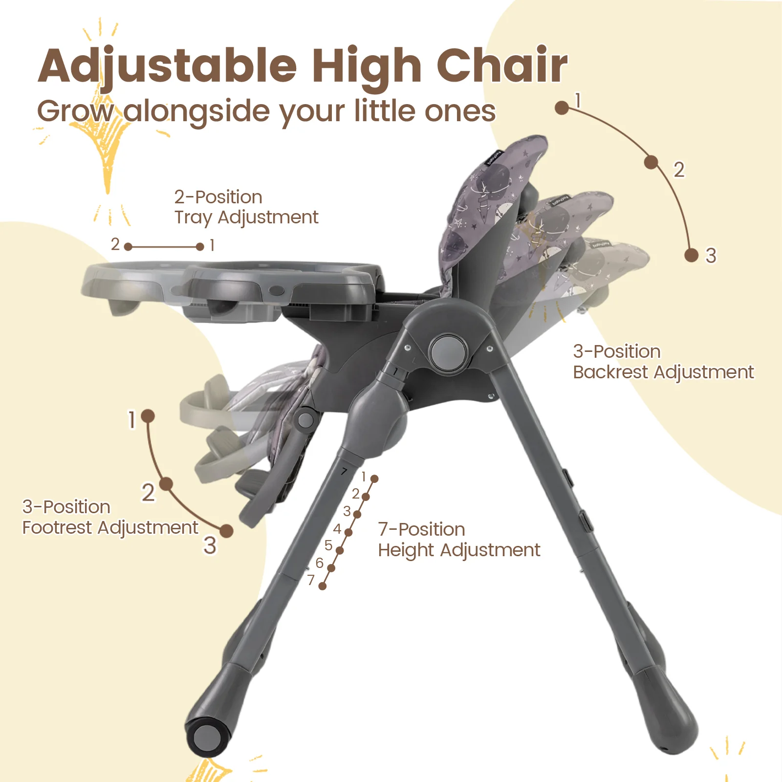 Foldable High Chair With Detachable Cushion, Gray - Image 7