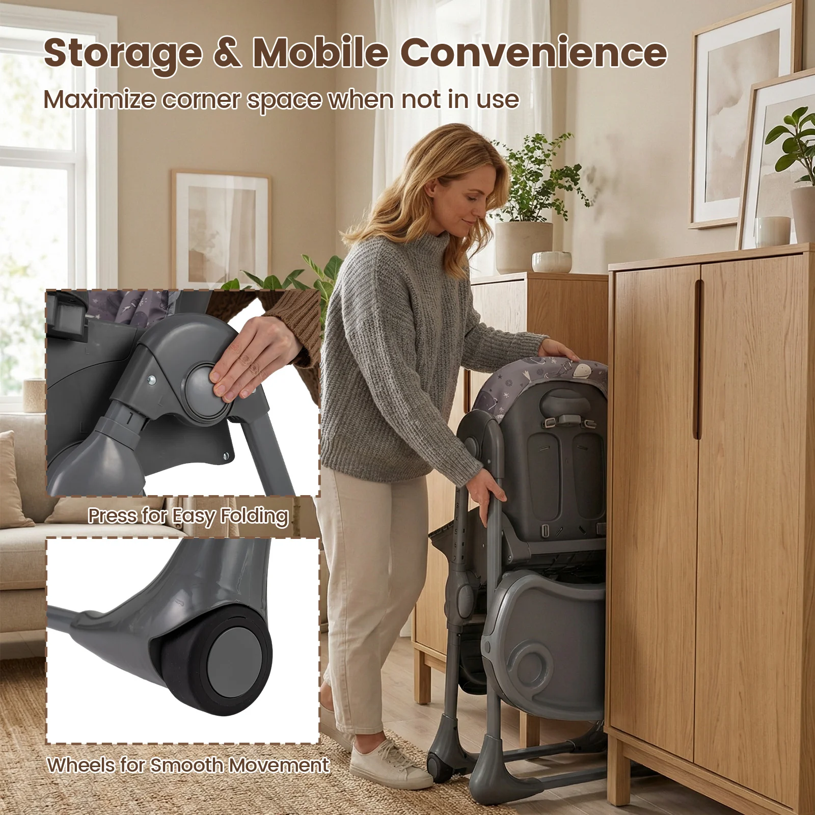 Foldable High Chair With Detachable Cushion, Gray - Image 9