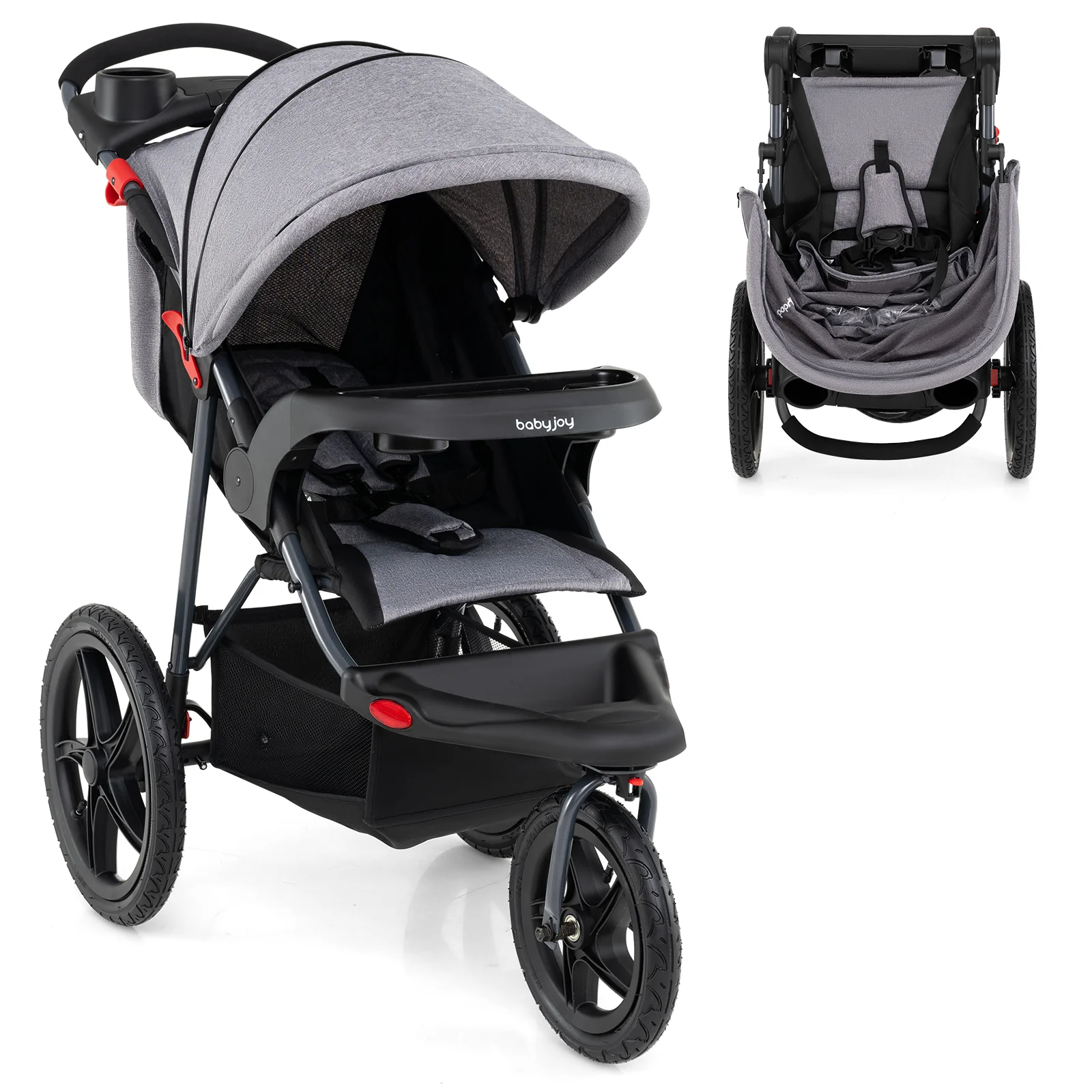 Foldable Jogging Stroller with Detachable Tray and Air-Filled Rubber Tires, Gray