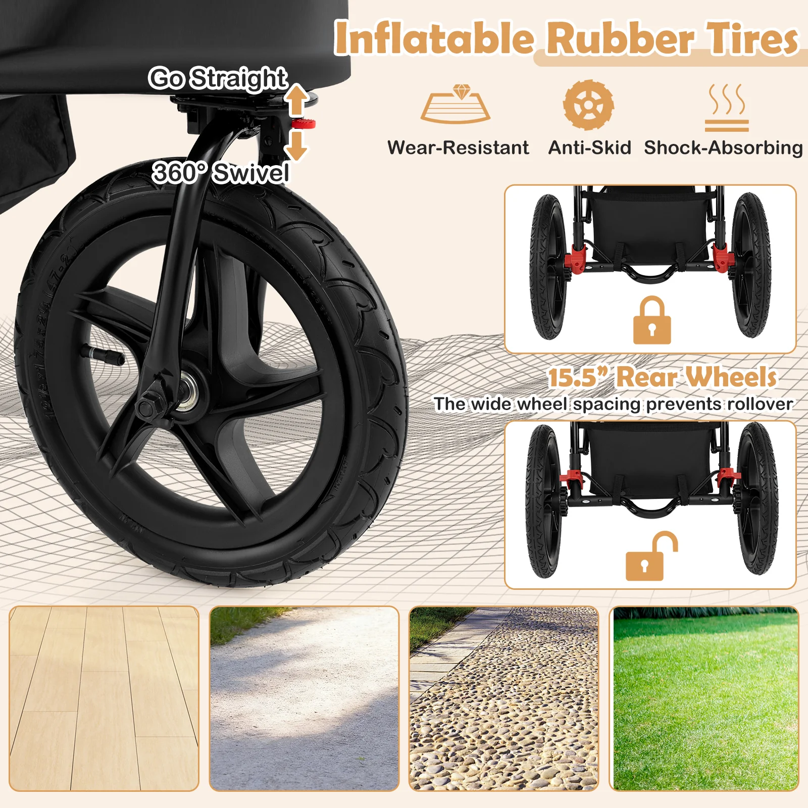 Foldable Jogging Stroller with Detachable Tray and Air-Filled Rubber Tires, Gray - Image 10