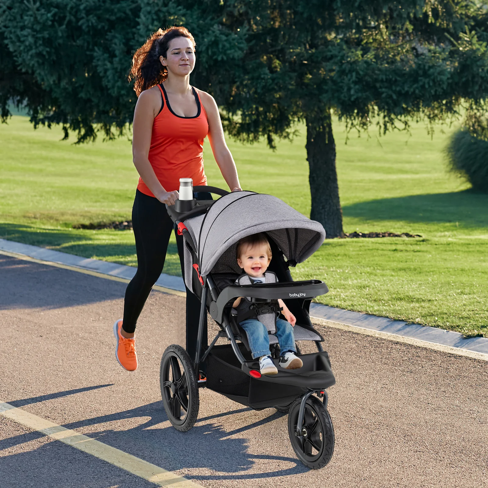Foldable Jogging Stroller with Detachable Tray and Air-Filled Rubber Tires, Gray - Image 2