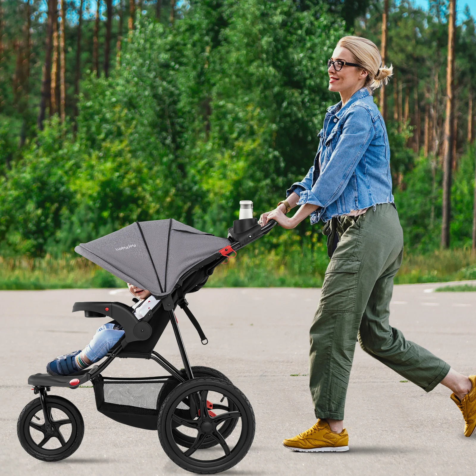 Foldable Jogging Stroller with Detachable Tray and Air-Filled Rubber Tires, Gray - Image 6