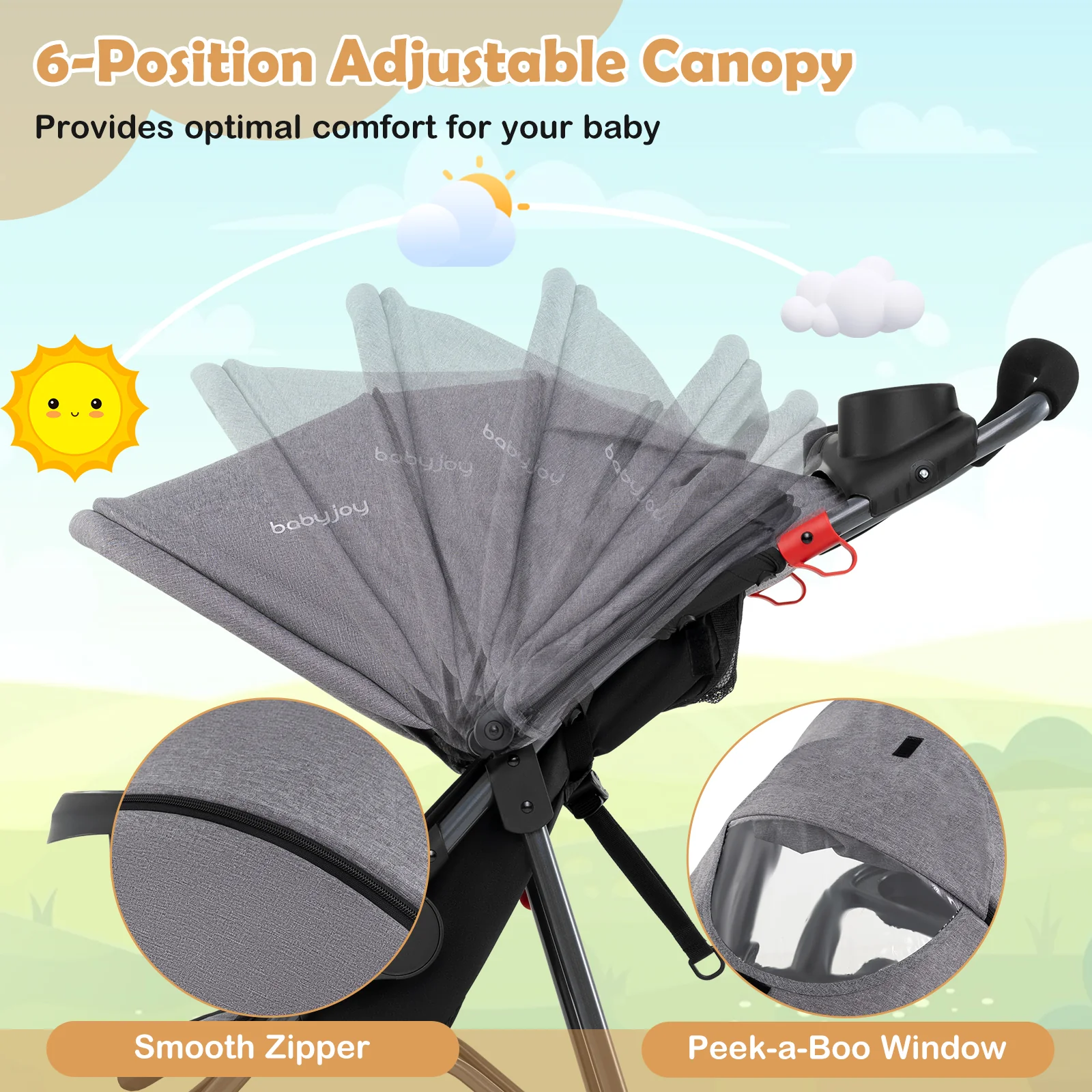 Foldable Jogging Stroller with Detachable Tray and Air-Filled Rubber Tires, Gray - Image 7