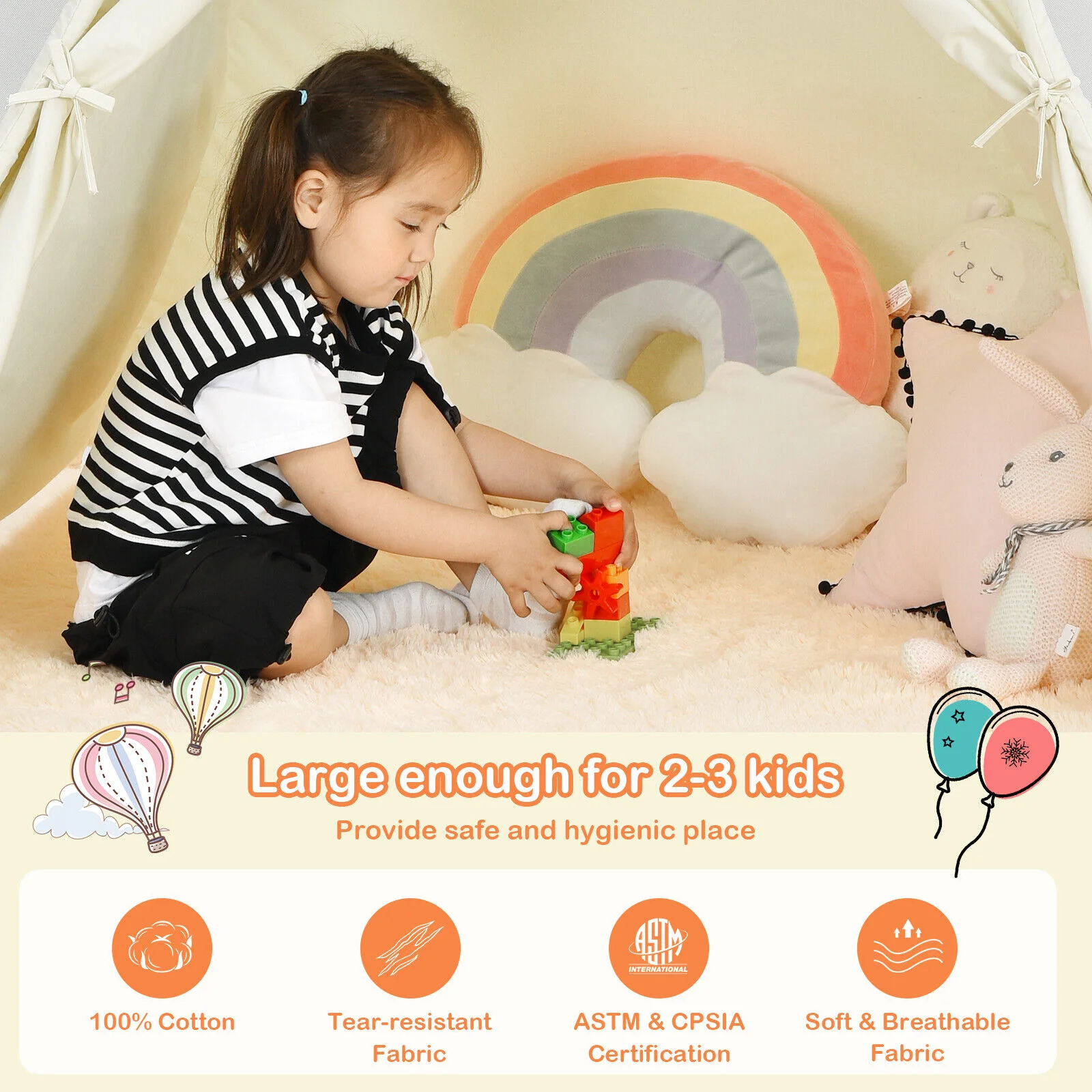 Foldable Kids Canvas Teepee Play Tent, Beige - Image 10