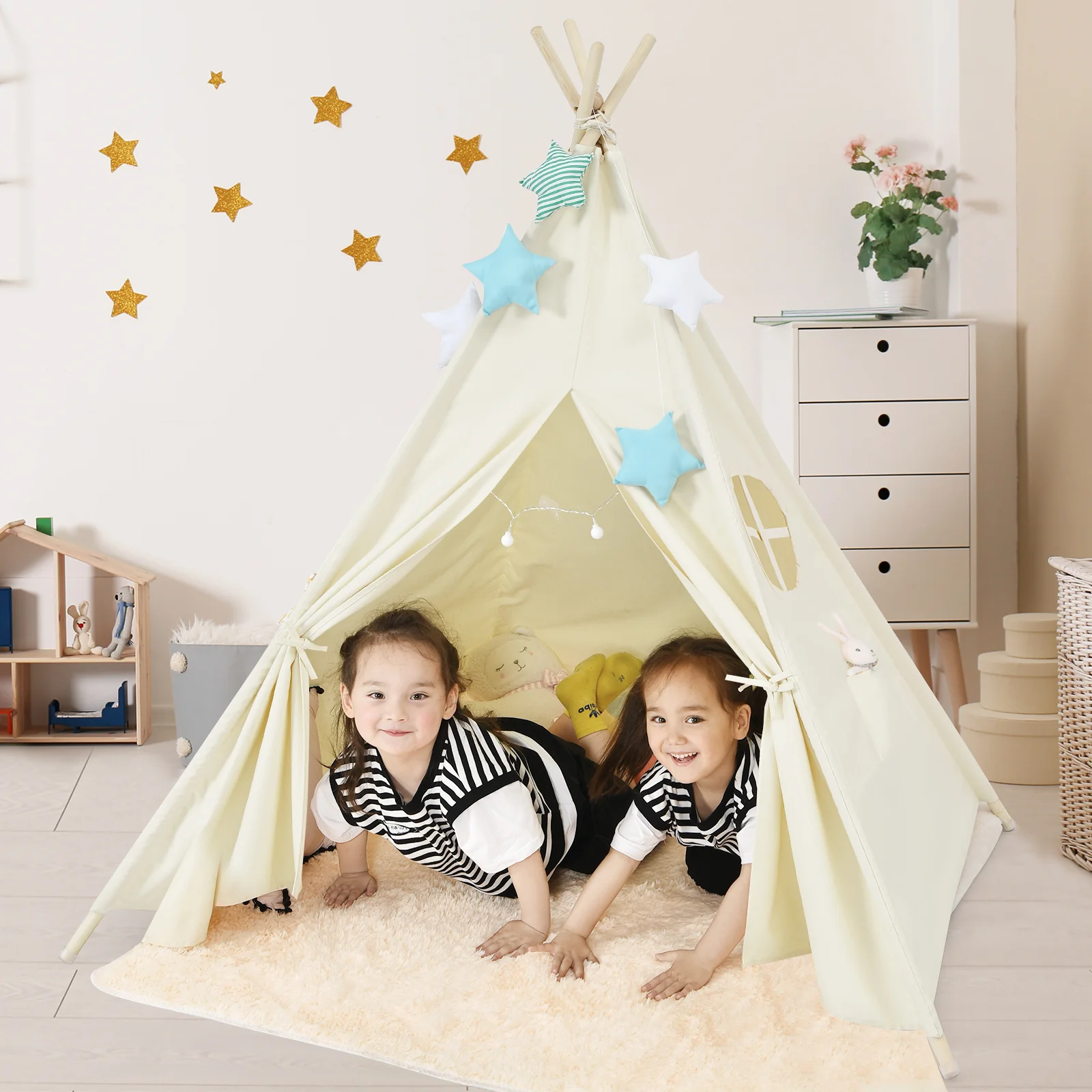 Foldable Kids Canvas Teepee Play Tent, Beige - Image 2