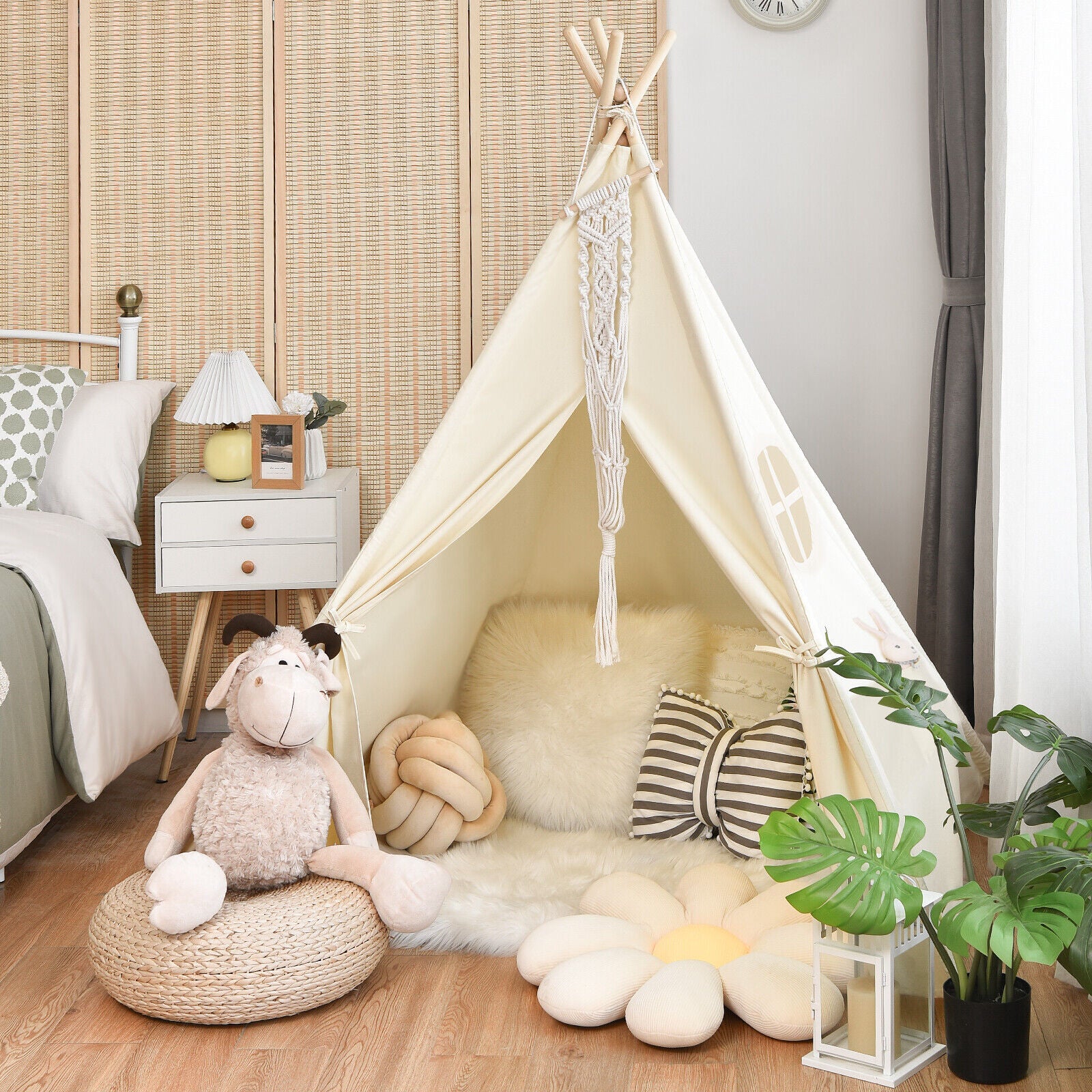 Foldable Kids Canvas Teepee Play Tent, Beige - Image 3