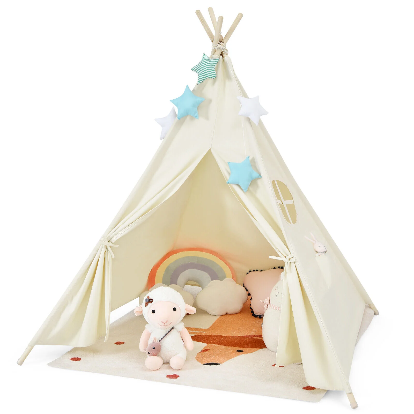 Foldable Kids Canvas Teepee Play Tent, Beige - Image 5